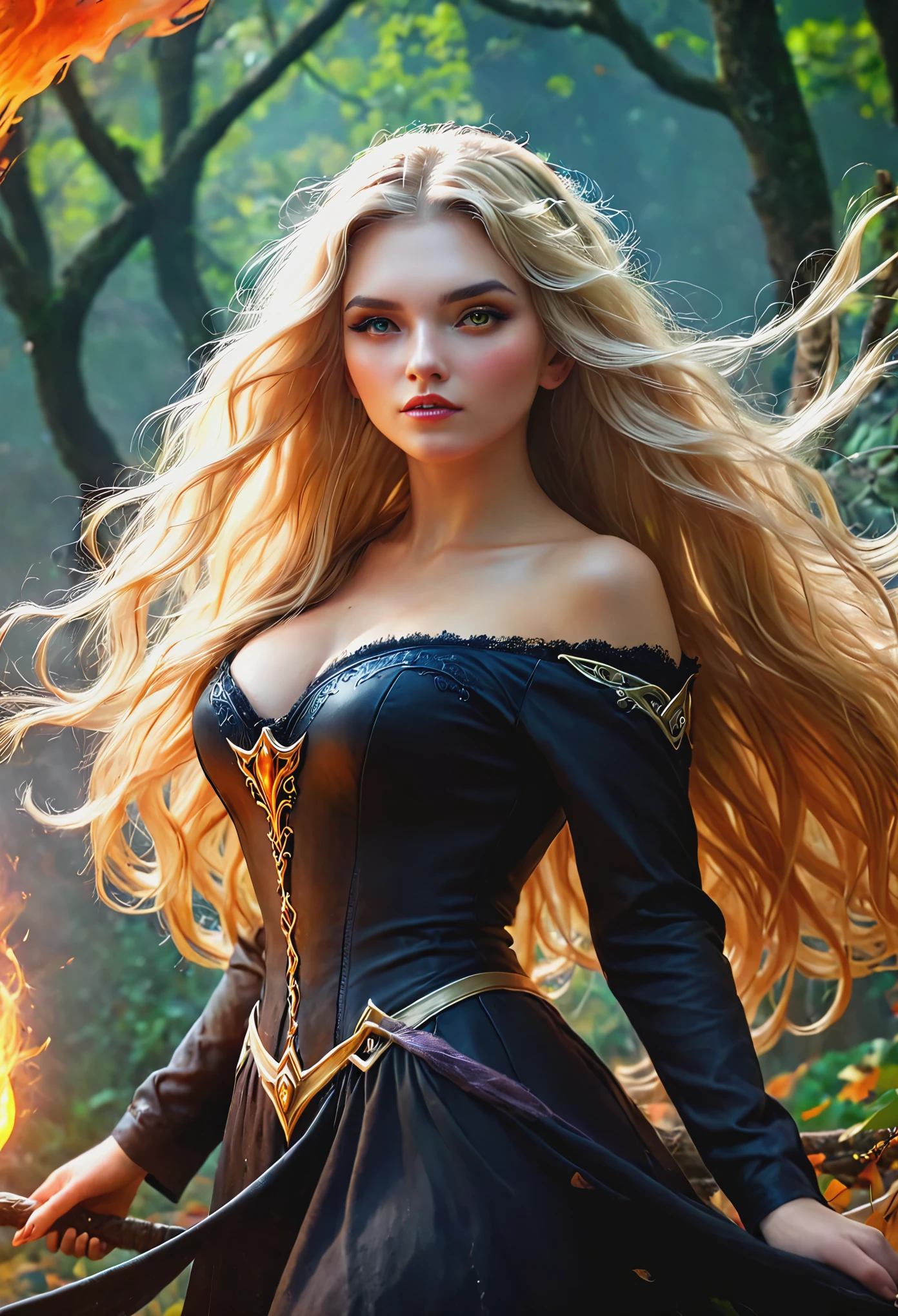 Blonde with long hair, witch, an epic fantasy
