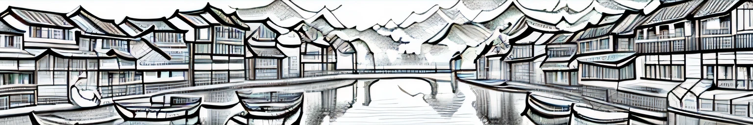 only black and white clour drawing of a river with boats and buildings in it, cg society contest winner, modern european ink painting, chinese brush pen illustration, dreamy chinese town, detailed art, highly detailed illustration, traditional korean city, highly detailed ink illustration, detailed ink illustration, detailed sumi-e illustration