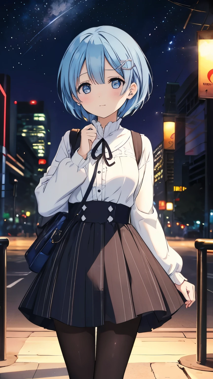 Rem from Re:Zero、light blue hair、shortcut, To tell, casual clothes, gray check dress、Cast a spell on the stars in the middle of the city at midnight, panorama, landscape、black pantyhose