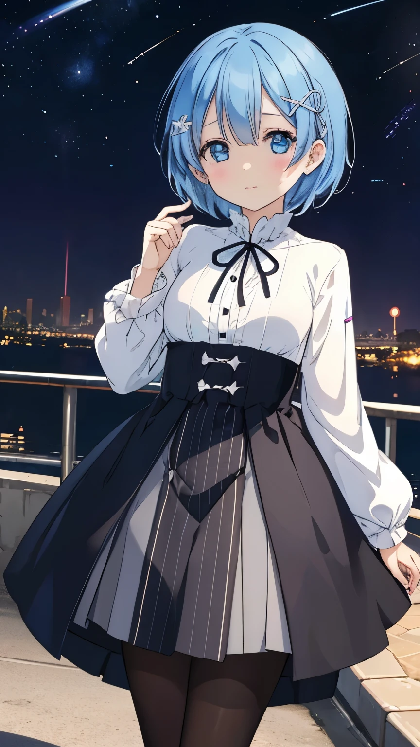 Rem from Re:Zero、light blue hair、shortcut, To tell, casual clothes, gray check dress、Cast a spell on the stars in the middle of the city at midnight, panorama, landscape、black pantyhose