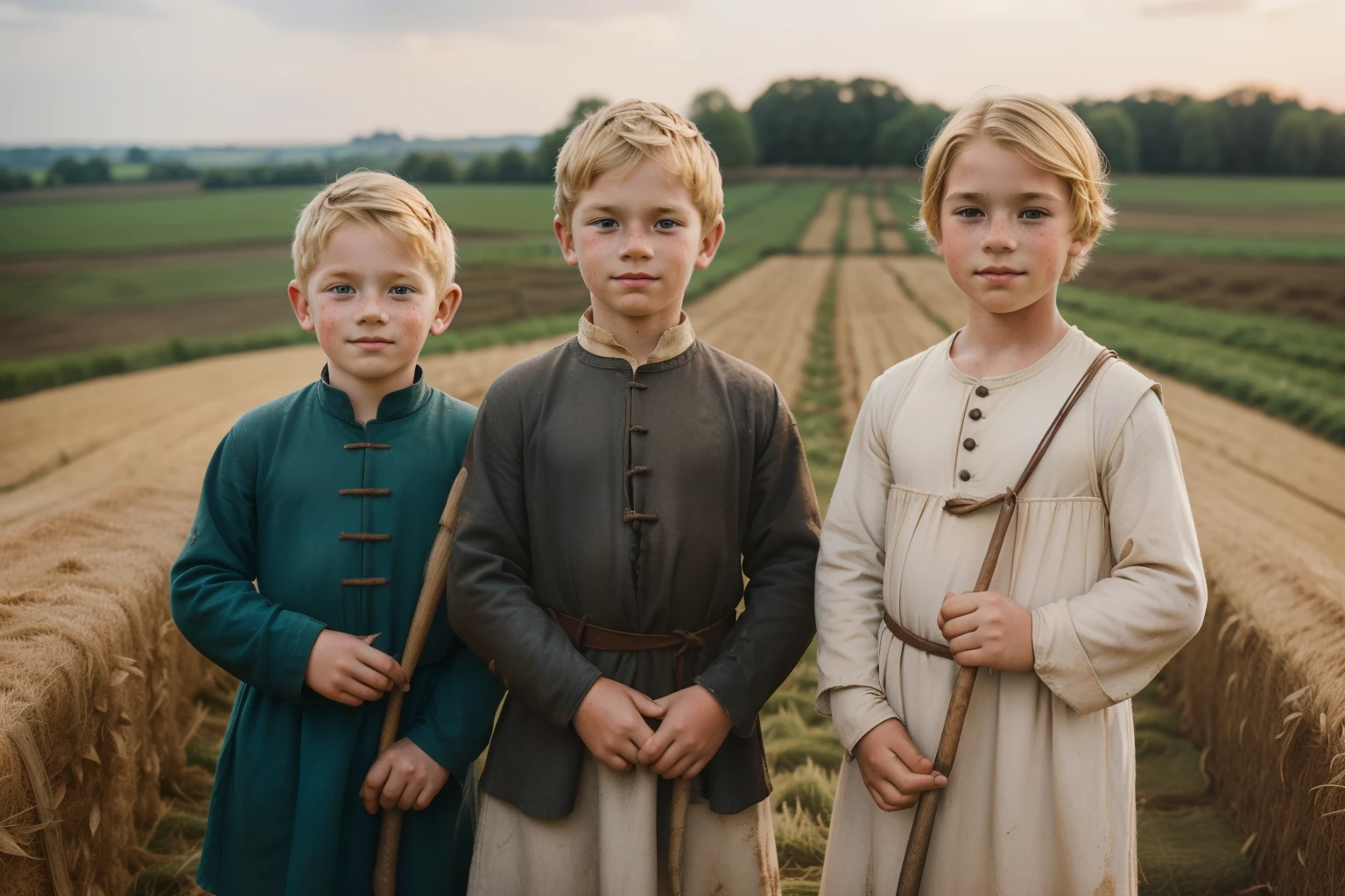 England, 1347. A duo of ((((9 and 7-year-old)) brothers)), strong, rustic, freckles all over his face, working in a farm, sowing the fields, with their mom. family. ((((clothings from the 1340s)))), ((blond hairstyle of the 1340s))
