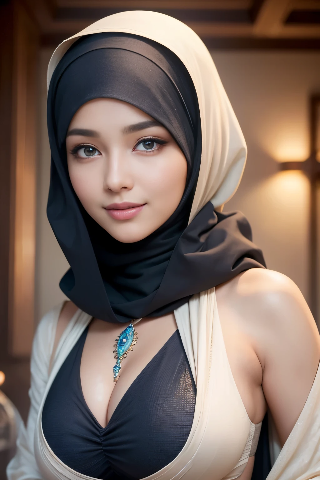 futuristic, cleavage, hijabi, Absurd, ultra-detailed, high quality, masterpiece, detailed face, beautiful eyes(detailed eyes), Greek mythology Goddess, Hestia, goddess of the hearth and home, gentle and graceful, face exudes warmth and kindness, eyes described as soft and comforting, gentle and steady gaze, overall appearance is simple and modest, The fabric of her garments is usually depicted as soft and earth-toned, beauty lies not in extravagant adornments, Her smile is serene and welcoming