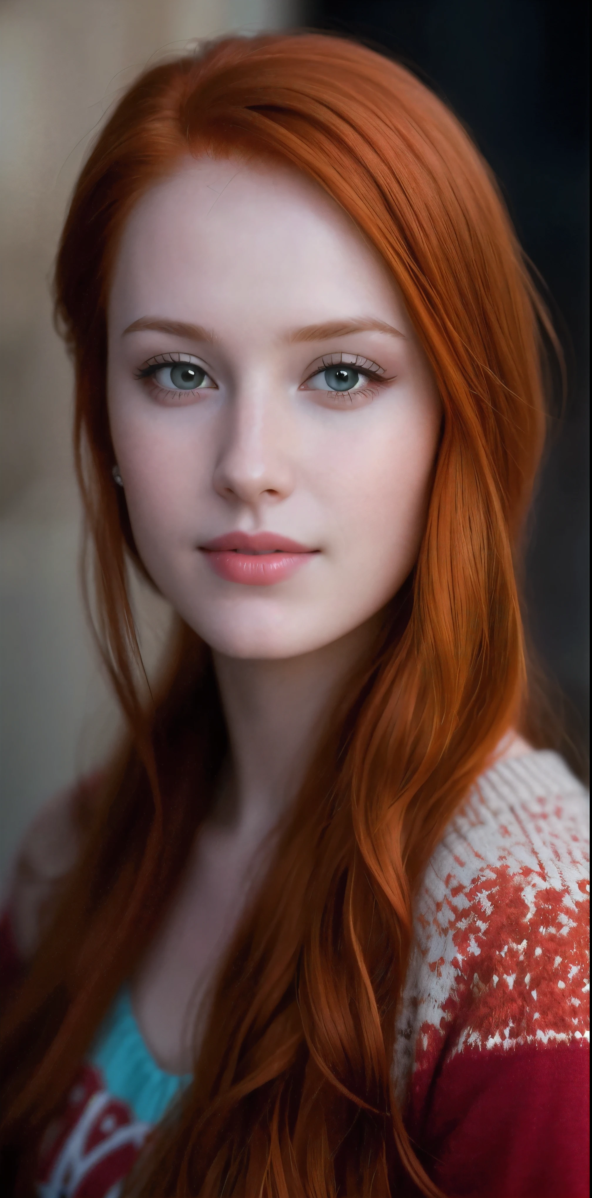 a close up of a woman with red hair and a sweater, a redheaded young woman, cinematic headshot portrait, redhead woman, red haired young woman, 50mm portrait, closeup headshot portrait, portrait of a red haired girl, 7 0 mm portrait, 60mm portrait, headshot portrait, beautiful redhead woman, headshot profile picture, red head