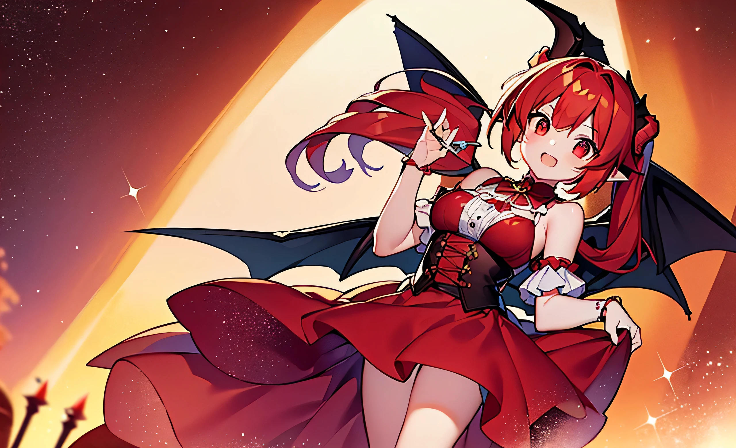 {{highest quality}}, {{masterpiece}}, {{Super detailed}}, {shape}, {detailed light}, redhead,twin tails,dragon horn,dragon wings,wonderful,girl,glowing red eyes,dragon tail,dress,young
