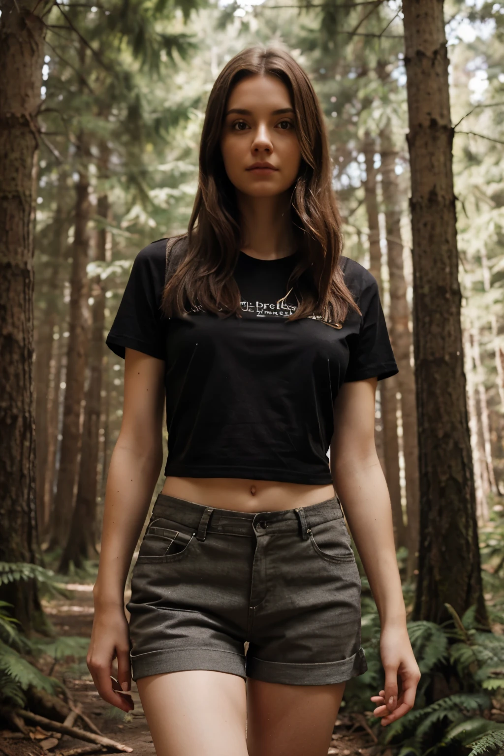 (bestquality,realistic:1.2),(brunette hair:1.1),(French:1.1),(sexy:1.1),(slim figure:1.1),(18 years old:1.1),(handcuffed:1.1),(black short sleeve chandails:1.1),(rolled-up sleeves:1.1),(hands up:1.1),(visible legs:1.1),(open mouth:1.1),illustration,forest,detailed eyes,detailed lips,high definition,professional lighting,vivid color