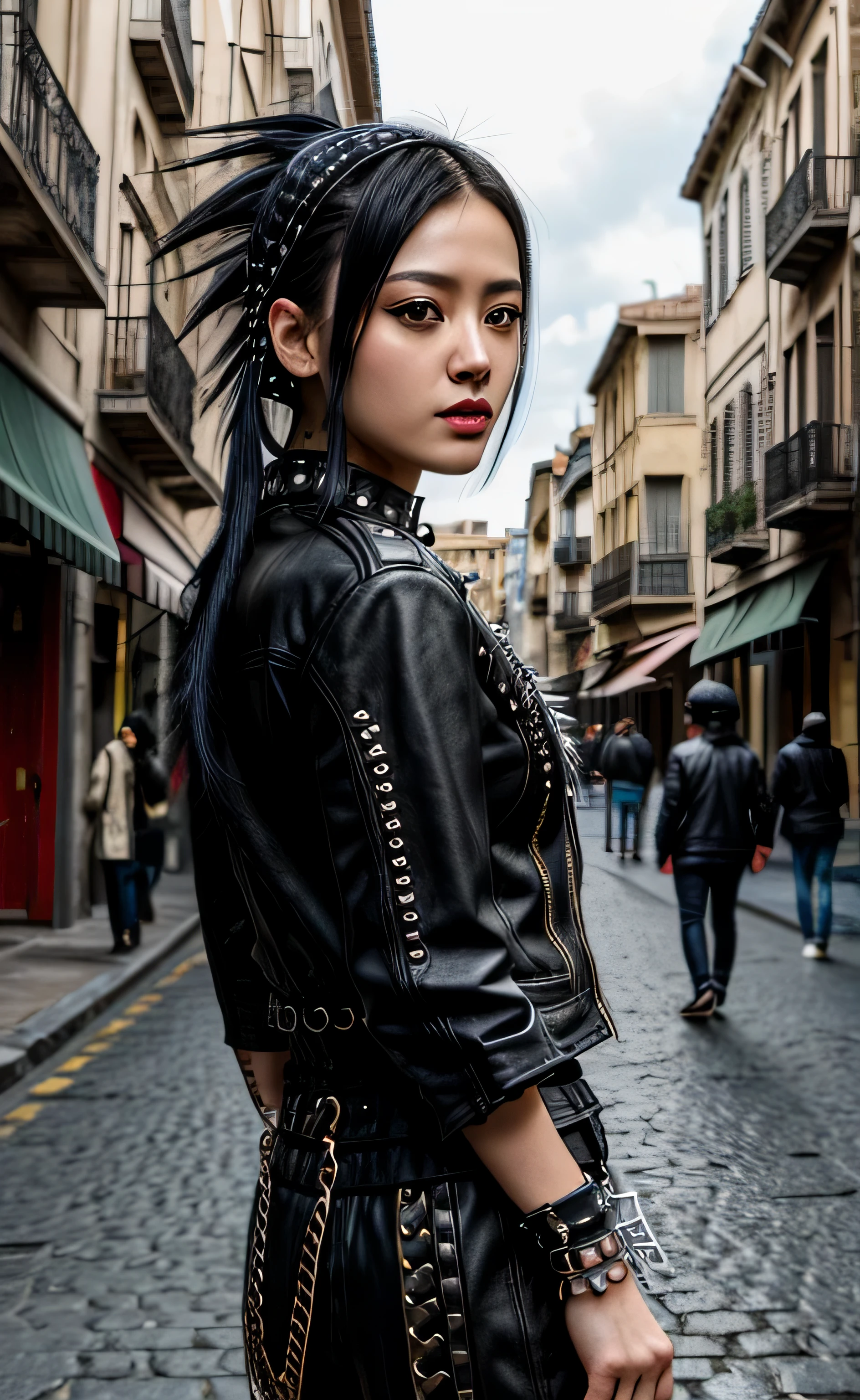 (Ultra Real), (illustration), (High resolution), (8K), (Very detailed), (Best Illustration), (Beautiful Detail Eyes), (Best Quality), (Ultra Detailed), (Masterpiece), (Wallpaper), (Detailed Face), ( Mid length Black Hair), (Background Description: Complex City Background, Sicilian Style), 1 Girl, very young 27 years young chinese girl Zhang Ziyi, black hair, (Punk Outfit:1.5), Saturated Light, Edge Lighting, Backlight, Movie, Full Body Photo, Elevation Shoot, (Torn Clothes: 0.5), (Wet clothes: 0.5)