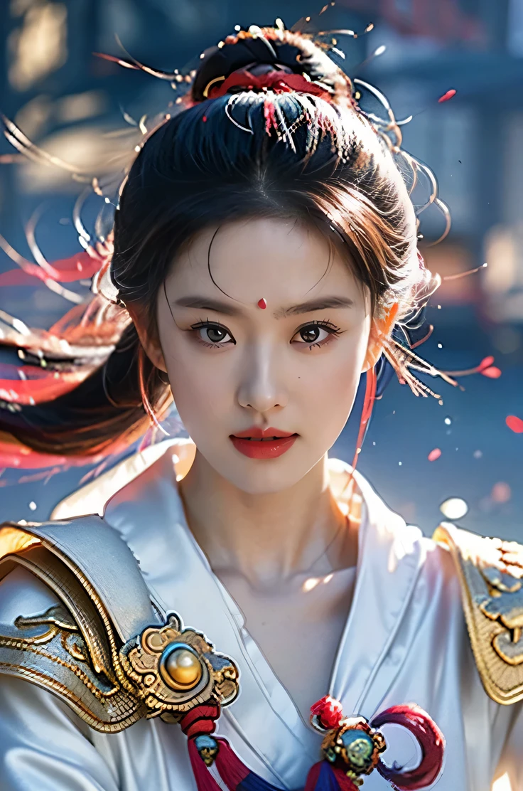 Game art，Best image quality，Highest resolution，8K，((A half-length photo))，((portrait))，((Head close-up:1.2))，(rule of thirds)，Unreal Engine 5 rendering works， (future girl)，(female warrior)， 22 year old girl，(Chinese women)，(rainbow hair，Oriental hairstyle)，((red pupils:1.3))，(Beautiful eyes full of details)，(big breasts)，(eye shadow)，Elegant and charming，indifferent，((anger))，(A Chinese style silk jacket，Tummy tuck belt，The clothes are decorated with patterns with Chinese characteristics，sparkling jewelry，white)，(The clothes are made of silk:1.5)，fantasy characters，fantasy style， photo poses，city background，cinema lights，Ray tracing，Game CG，((3D Unreal Engine))，OC rendering reflection pattern