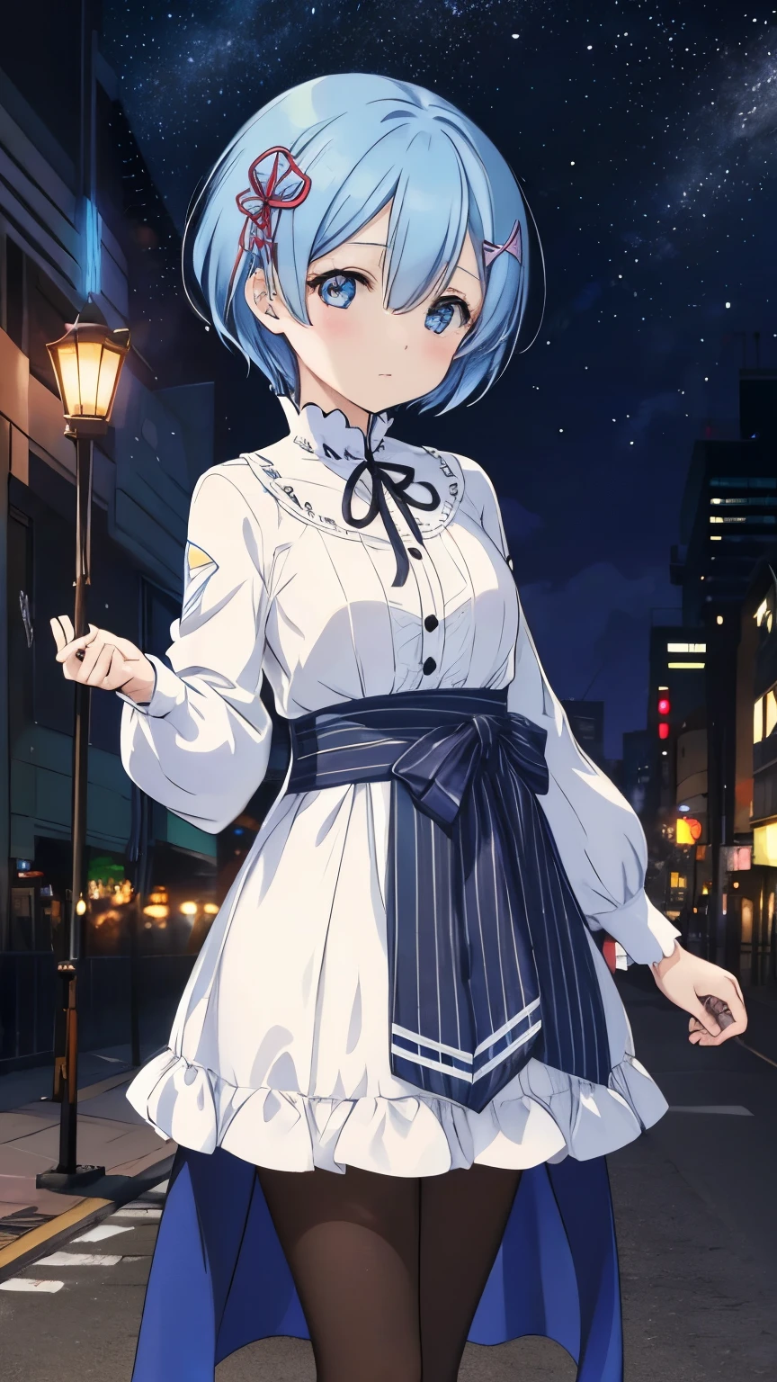 Rem from Re:Zero、light blue hair、shortcut, To tell, casual clothes, gray check dress、Cast a spell on the stars in the middle of the city at midnight, panorama, landscape、black pantyhose