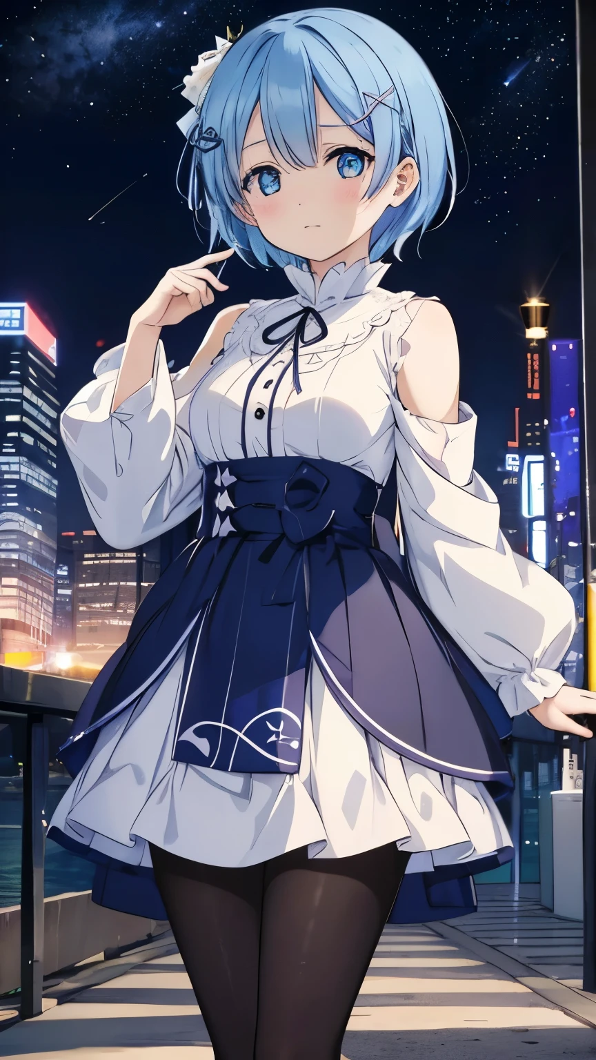 Rem from Re:Zero、light blue hair、shortcut, To tell, casual clothes, gray check dress、Cast a spell on the stars in the middle of the city at midnight, panorama, landscape、black pantyhose