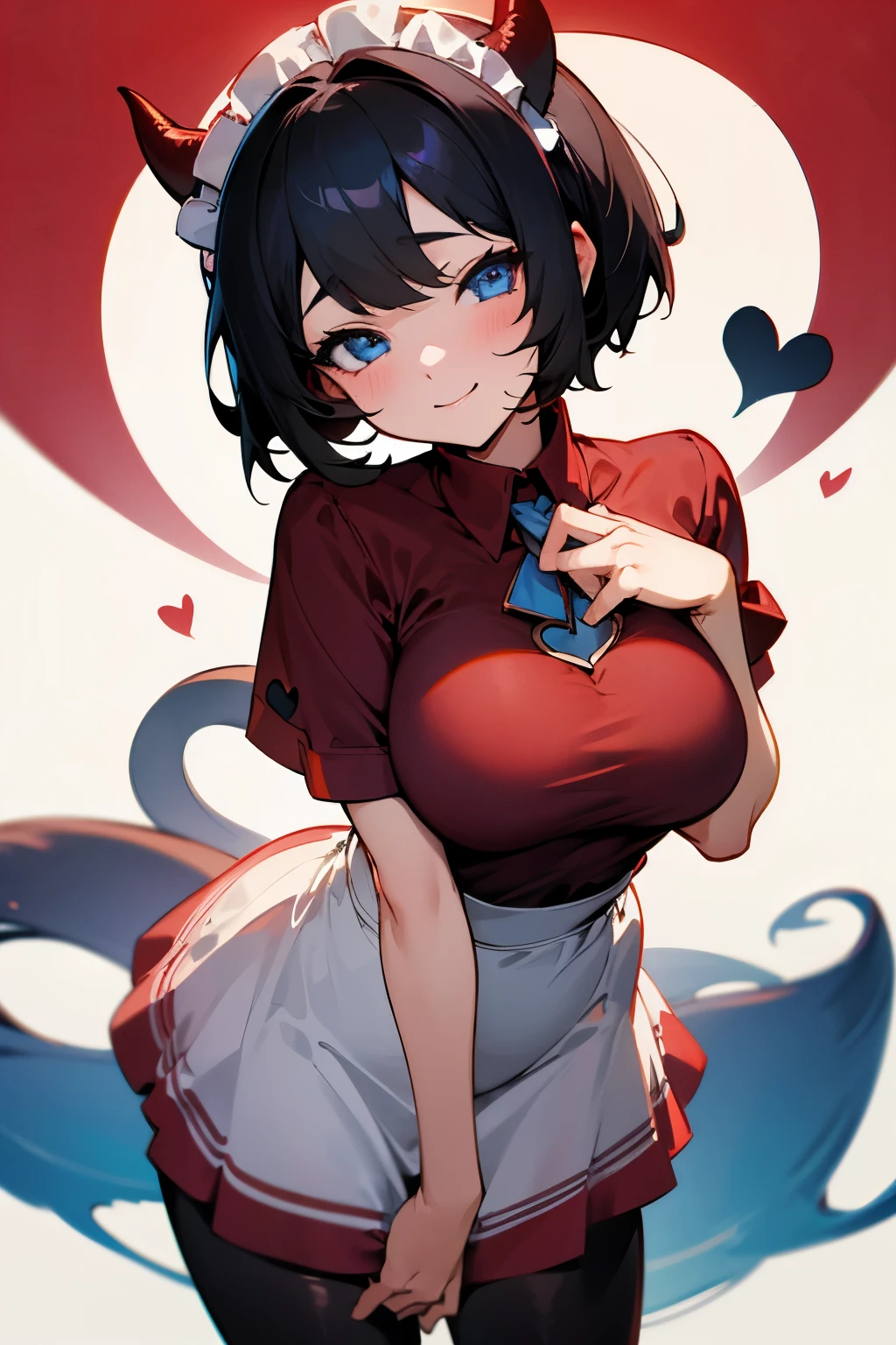 Girl, short black hair, circle above her head, light blue eyes, melting smile, large breasts exposed from the top, tight red shirt with short sleeves, neck exposed to the chest, sexy, maid clothes, devil tail, hearts
