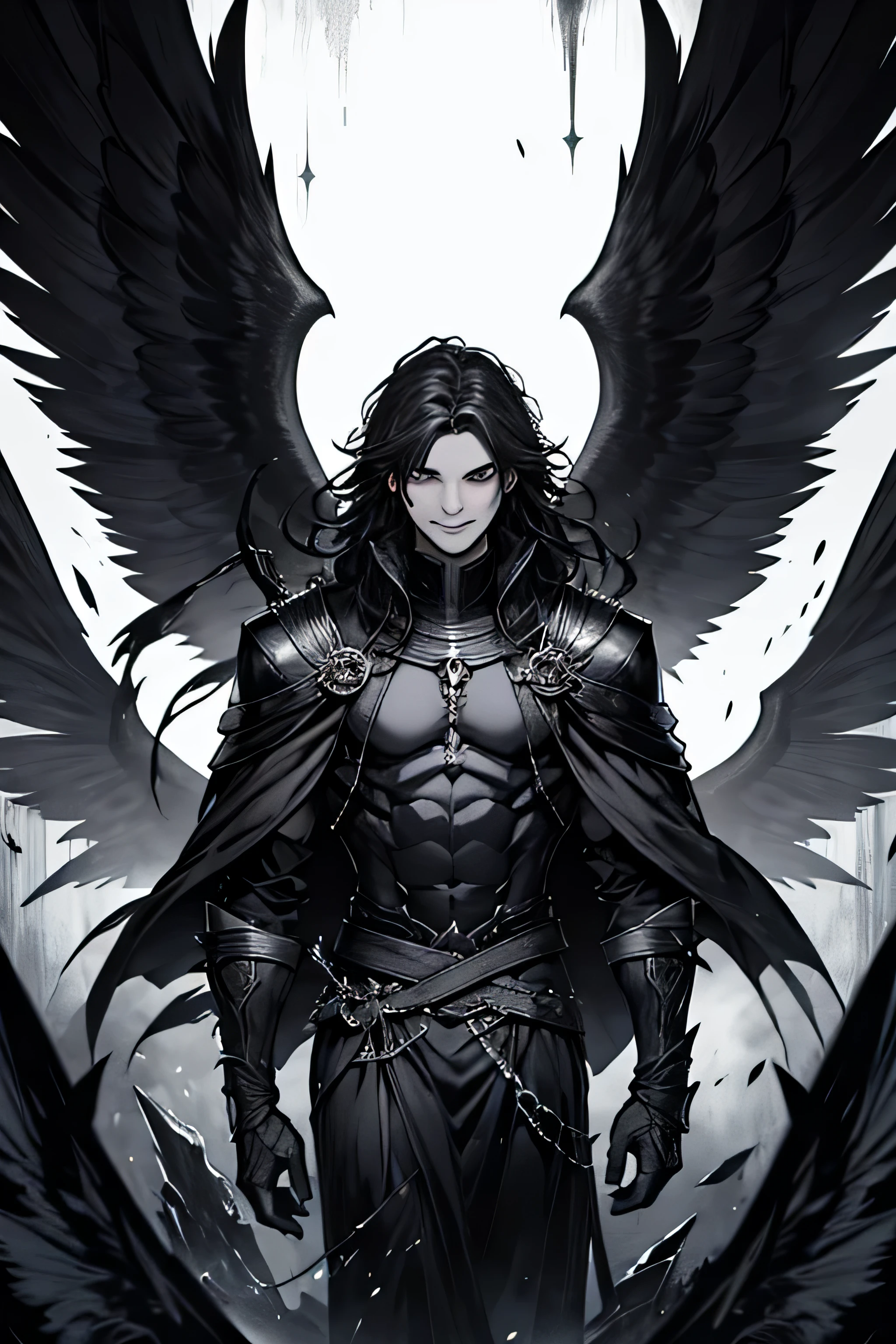 4k , ultra high definition , extremely detailed, extremely detailed background , draw a fallen angel with dark soul powers and huge black wings ,he has medium hair , smiling, there is a deep sadness in his eyes, skiny , extremely detailed face,
