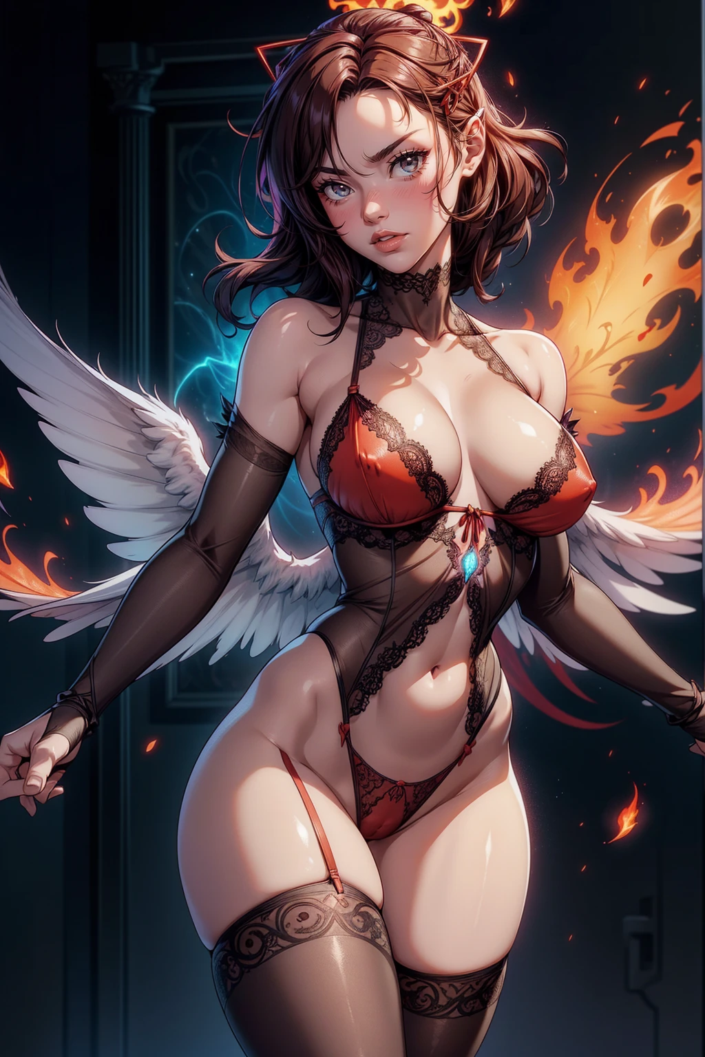 girl wearing transparent red lingerie, dark eyes color, red lipstick, angry face expression, bare breasts, pubic hair can be seen, silk stockings, lace stockings, see through lingerie, wide hips, naked body can be seen, standing, fire, flame background, wild fire aura, erotic, bare body, pubic hair triangle style, pubic hair style, there a close up of a flower with a background, cosmic horror entity with wings, glowing guy creature, evil aura, wiggly ethereal being, alien god, large diffused glowing aura, glowing angelic being, inverse glowing power aura, magical aura of insanity, giant ethereal creature, ghostly form, ghost of the spirit,(masterpiece), best quality, ultra-detailed, 1024k UHD wallpaper, ultra-high resolution, depth of field, HDR, Ray tracing, RTX, high saturation, high contrast, photon mapping, best texture quality, best compotitiontremely detailed CG 1024k wallpaper), Ultra HD, Perfect Face, Perfect Anatomy, Perfect hand, Perfect Finger, (Full body),