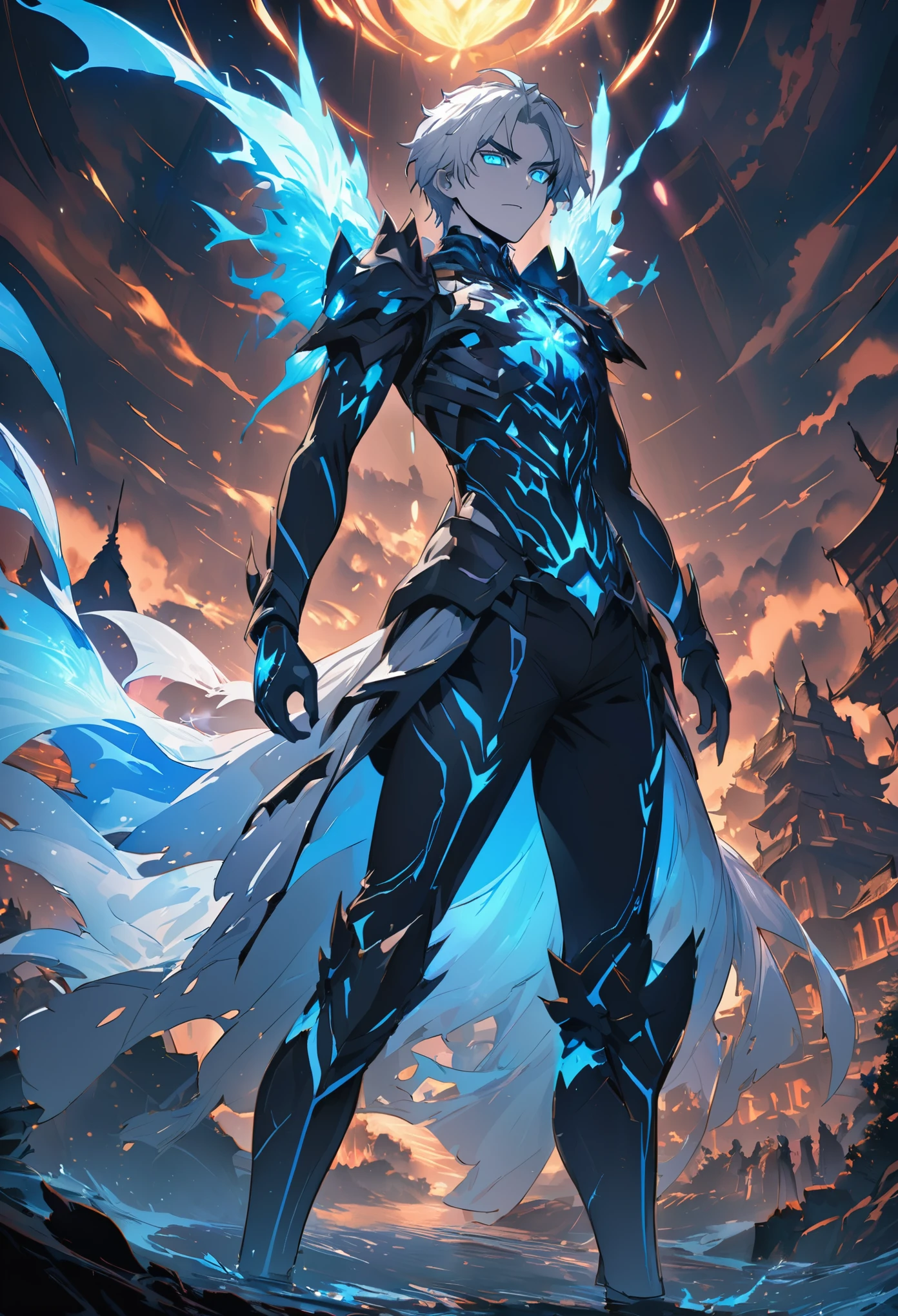 (extreamly delicate and beautiful:1.2), 8K, (tmasterpiece, best:1.2), (MALE:1.5) masterpiece, best quality, (detailed:1.3) halfnaked body with pale skin and (long_white_hair:1.4). All of his pale skin there are (blue_glowing_tattoes:1.5), on face, on body. (MAGICAL_BIOLUMINESCENT_TATTOOES:1.5) Naked upper body, paleblue colour dominating, cloudy night, sharp focus, highly detailed, Magical Fantasy style,GlowingRunesAI_blue,,bioluminescent fbpz body paint,Eren_jaeger_face,4rmorbre4k,GlowingRunesAI_blue