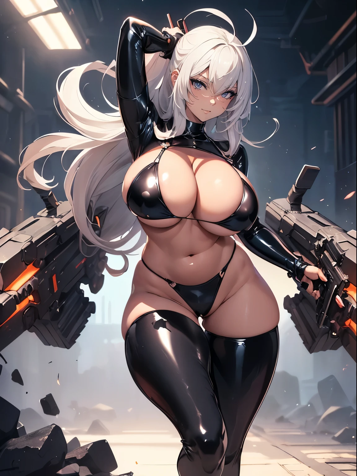 masterpiece, ultra-detailliert, 8k, hiquality, Top image quality, digitial illustration, Seductive Anime Girl, ((Combative posing:1.2)), arched back、Depiction of dense hair, Detailed eye depiction, appearance Splash paint background in colors, Center, ((heavy weapons:1.2, armament:1.3))、((latex micro bikini:1.3 crop top:1.3))、((cleavage:1.3))、((crop top navel))、((highleg:1.3))、((huge breasts:1.3))、((huge hip:1.3))、((thick thighs))、((collarbone))、((cameltoe))、seductive smile、shiny skin、Sharp Focus, draw the full body, Glossy realistic skin texture, ((Hover effect:1.2)), Precise human body structure、Smooth texture