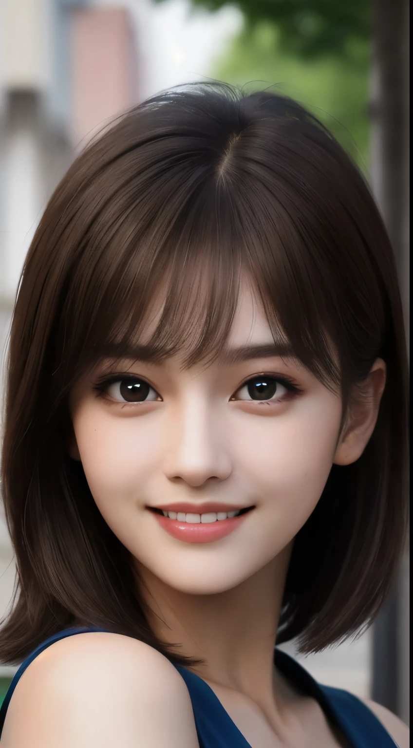 Upper body, masterpiece, highest quality, Raw photo, realistic, big, face light, shiny skin, High resolution, super detailed, detailed, detaileded eyes and face, sharp pupils, realistic student, sharp focus, evil smile, street, brown hair, dress, bob, I can see the nape of my neck