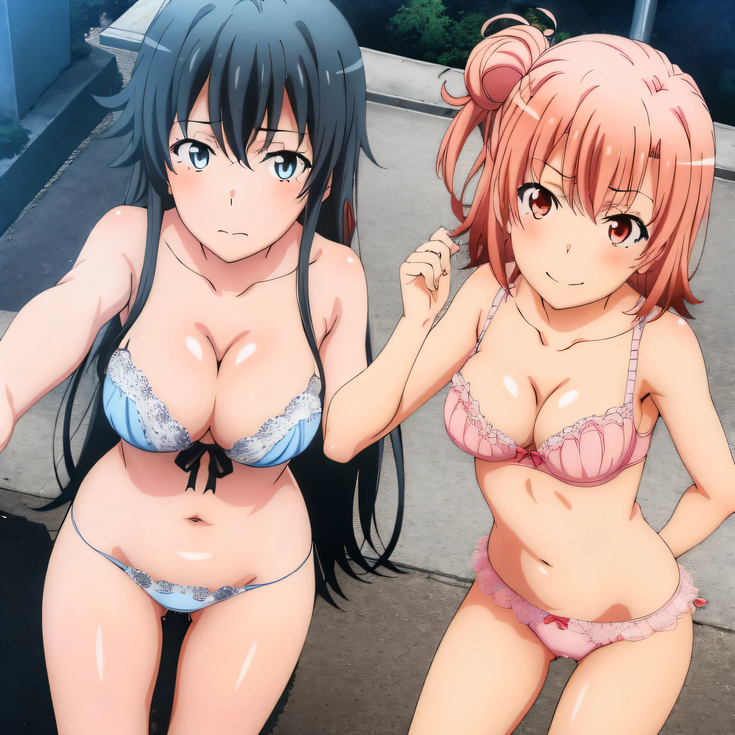 (2 girls ), ((yuigahama yui is bust and ヒップライン are great)),((Yukinoshita Yukino)),,sit,,in front of everyone,streaking,crowd,downtown at night,they have their hands behind their backs,The body changes obediently,(Bra with nipple bulge line),Shiny bra,belly button,,(white lace panties),(pink panties),(Panties come off and pussy is visible),(((pussy:1.0))),urethra,NSFW,(thighs),,(((high angle:1.0))),(beautiful eyes),look at the camera,1st turn'facing forward,blush,troubled face,Insert your head