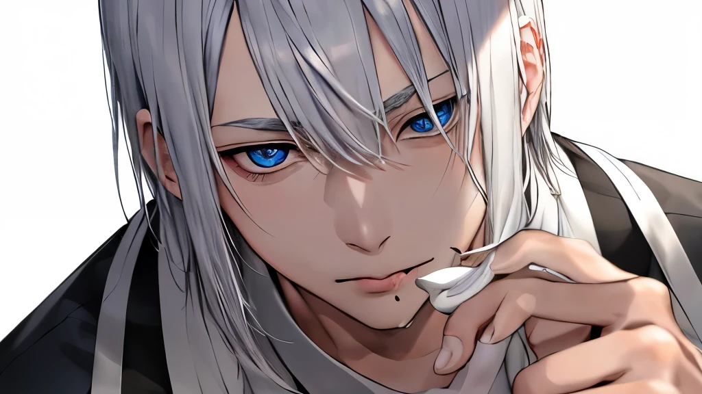 Avatar of a silver-haired man,juvenile,Wearing white chef hat,Looking straight into the camera,young people,Have bangs,Japanese manga style,Lick your fingers,strong light and shadow,Thick coating,Fine detail in light and shadow,beautiful blue eyes,White background,Slightly straighten your face,looking down
