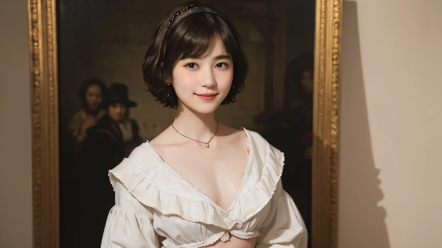 185 short hair, 20 year old female, gentle smile, (rembrandt style painting), (chest:1.46), skirt