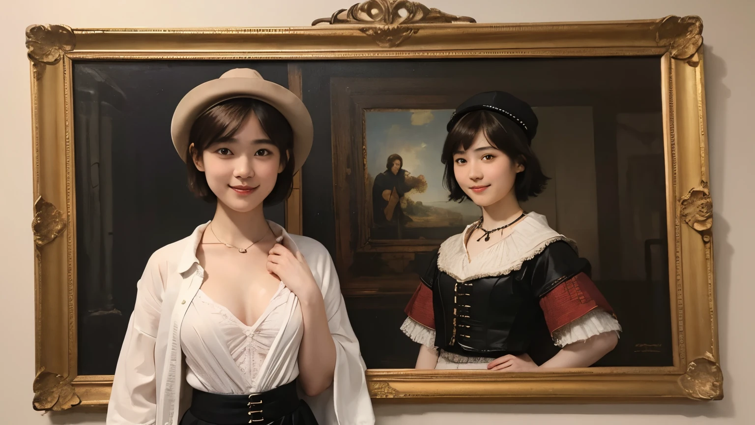 185 short hair, 20 year old female, gentle smile, (rembrandt style painting), (chest:1.46), skirt