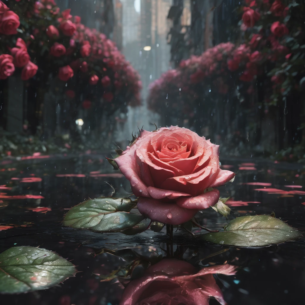 Reflection, aesthetic, extremely detailed, A rose reflecting in a puddle, rain sparkles, a breathtaking masterpiece fantasycore artwork by Android Jones, Rembrandt lighting, Jean Baptiste monge, Alberto Seveso, Erin Hanson, Jeremy Mann. maximalist highly detailed and intricate professional photography, a_masterpiece, 8k resolution concept art, Artstation, Unreal Engine 5, cgsociety octane