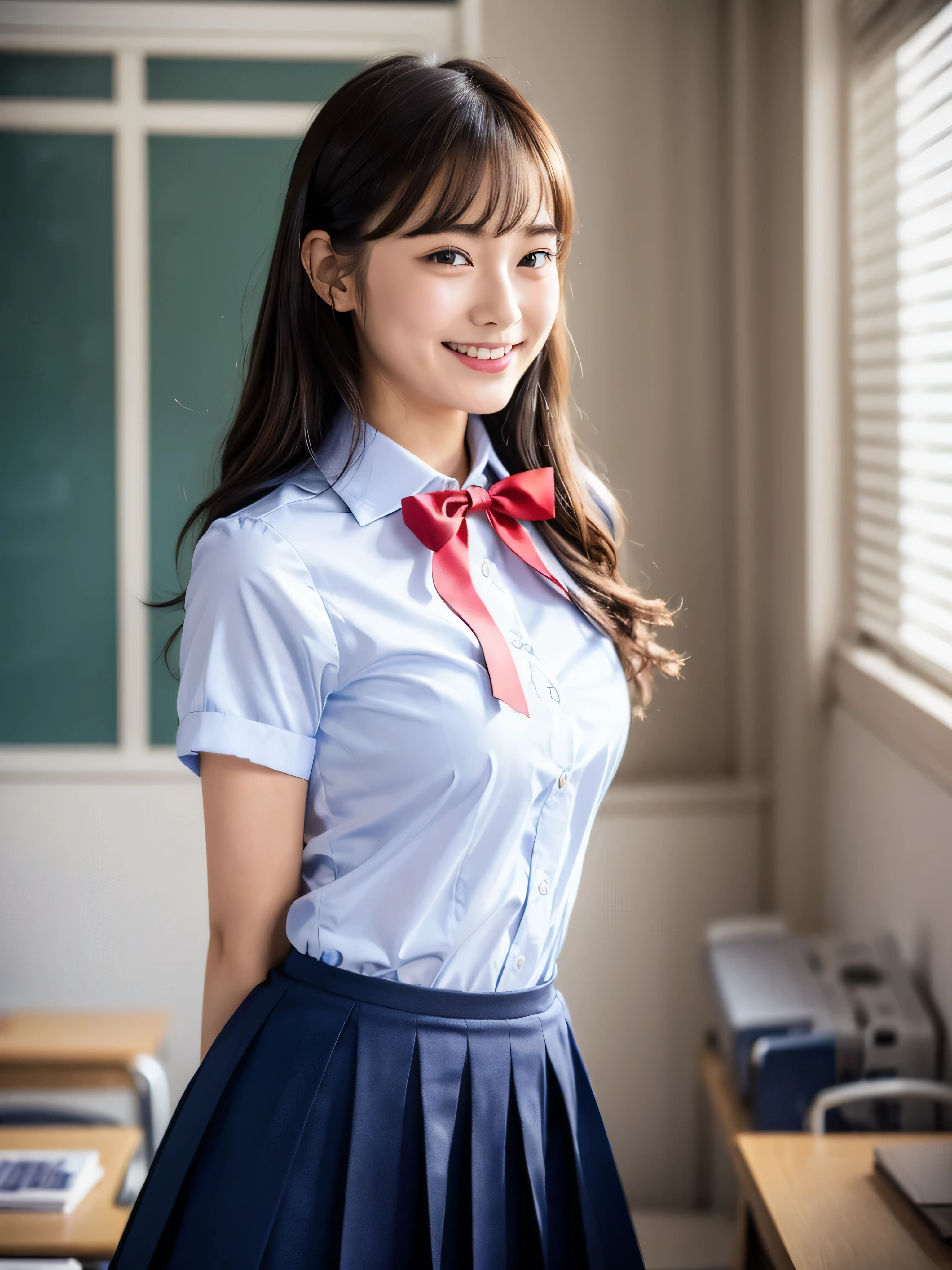 product quality, 1 girl, upper body shot, View from the front, young beautiful japanese woman, hyper pretty face, 18-year-old, Standing in a high school classroom with a big smile on your face, wearing a silky white collared short-sleeved shirt、He is wearing a shiny satin red plain bow tie.。, She is wearing a navy blue pleated long skirt., glossy lips, double eyelids in both eyes, natural makeup, long eyelashes, Shiny and smooth light brown medium hair, asymmetrical bangs, tanned skin, Wearing a navy blue pleated skirt, center image, 8K resolution, high detail, detailed hairstyle, detailed face, great movie lighting, octane rendering, lively, surreal, perfect limbs, perfect anatomy