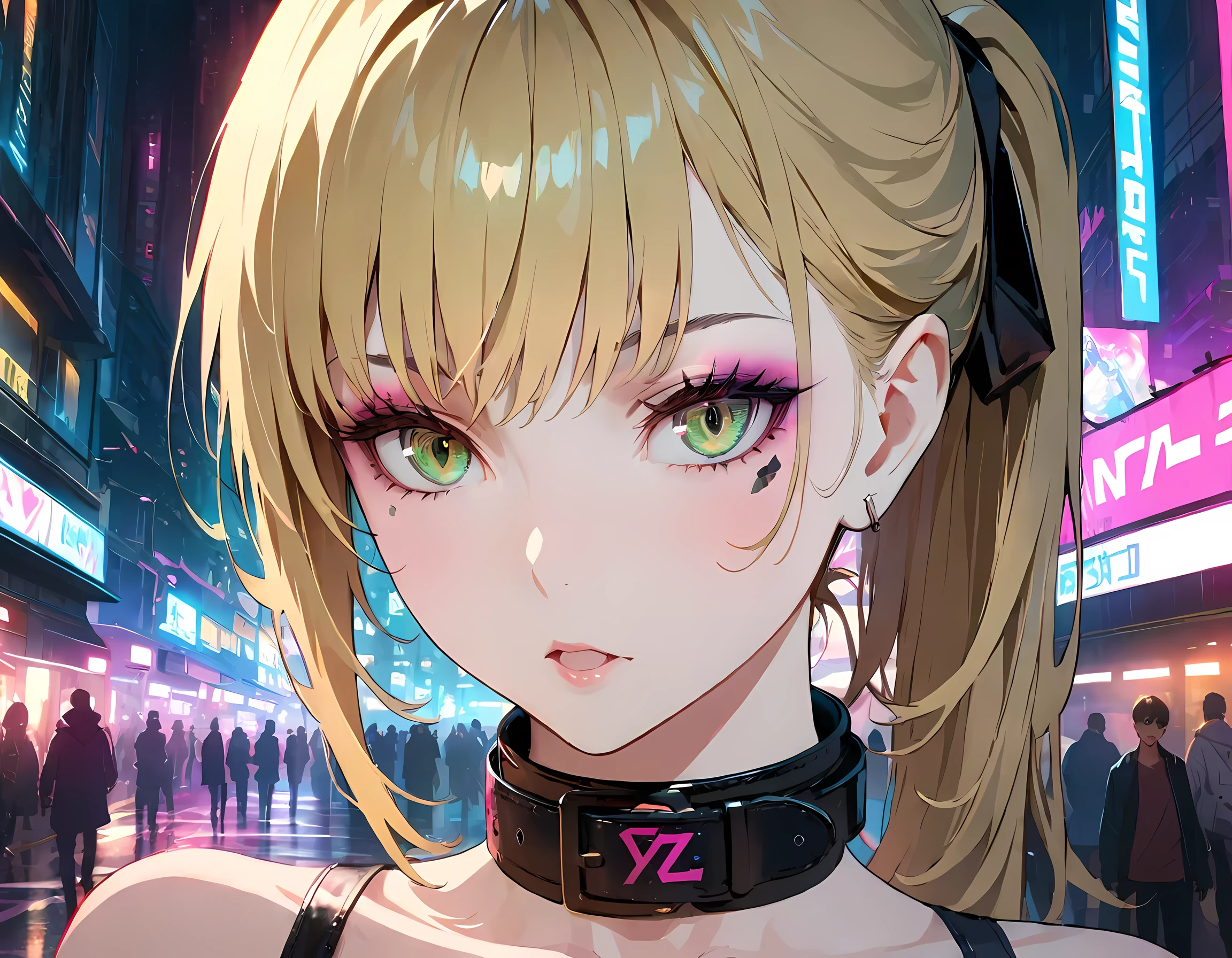 (masterpiece, best quality, 8K, sharp focus, depth of field, best shade, perfect lighting, high dynamic range, Realistic skin texture, ultra-detailed background, detailed), anime style, 2 women kissing (one of them has green eyes, White skin, Black hair ponytail, collar, small breasts, Slim, cosmetic, Eyeliner, flash), (Another woman has blond hair), exist, Cyberpunk theme, Cyberpunk City.