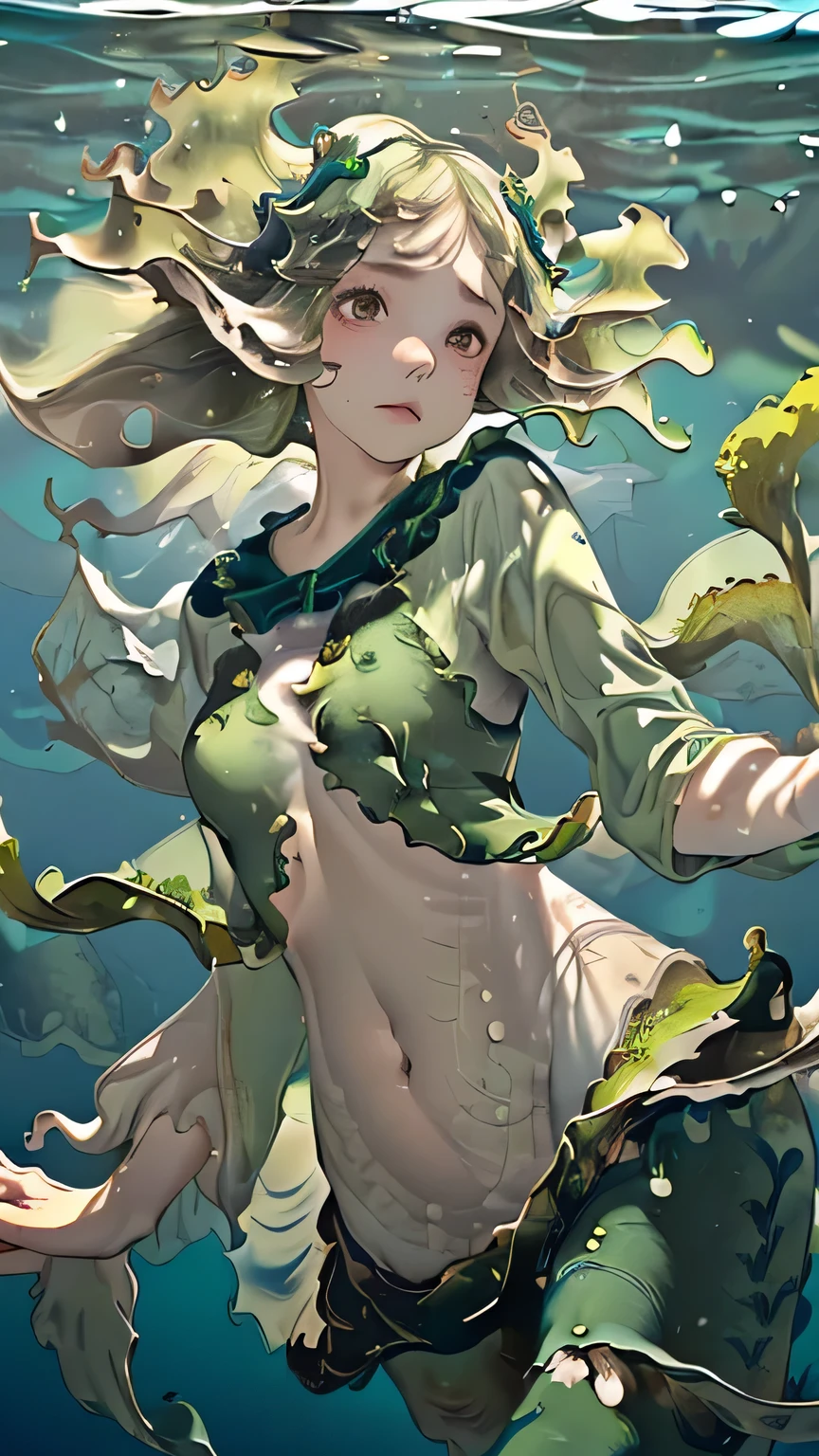 (((masterpiece))),((highest quality)),one beautiful girl,pale, (seaweed anthropomorphic character: 1.5), (seaweed hair:1.5)、(calm expression 1.5)、(belly button)、((seaweed clothes:1.5)),(private server), (exposure of skin),(The background is underwater:1.5).(((from the front:1.5)))、(straight front: 1.5)、(floating on the ocean floor:1.5)、squat