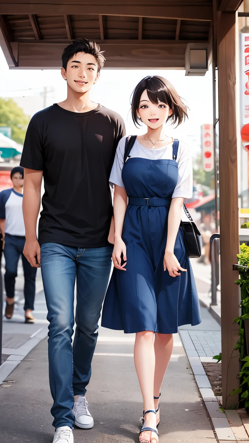 Young man and woman couple with refreshing smiles, Behind me are 6 friends who seem to be having fun., clean clothes, men wear shirts and jeans、Women wear neat dresses, Beautiful Japanese city background,
