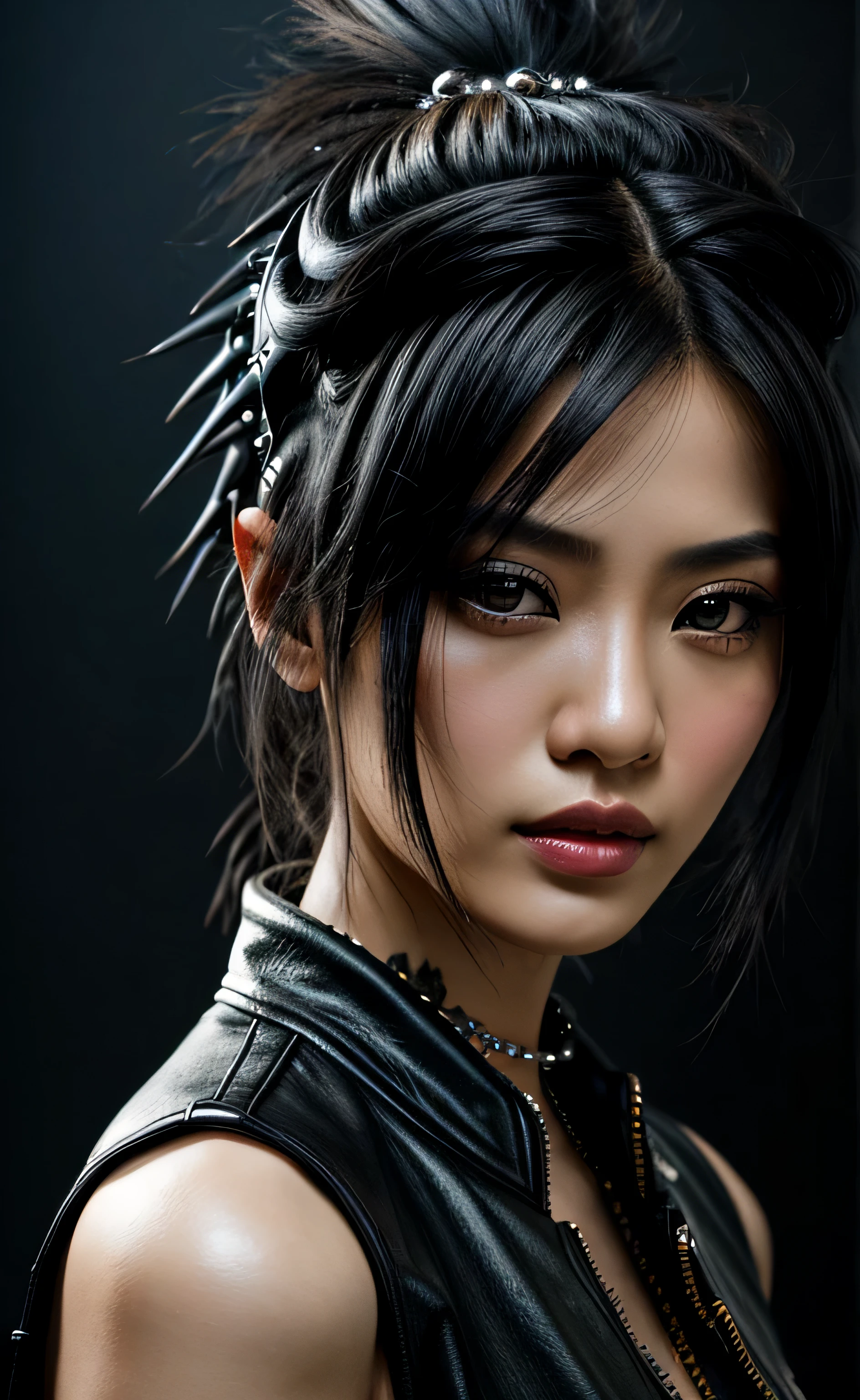 (Ultra Real), (illustration), (High resolution), (8K), (Very detailed), (Best Illustration), (Beautiful Detail Eyes), (Best Quality), (Ultra Detailed), (Masterpiece), (Wallpaper), (Detailed Face), ( Mid length Black Hair), (very dark Background, Sicilian Style), 1 Girl, very young 27 years young chinese girl Zhang Ziyi, black hair, (Punk Outfit:1.5), Saturated Light, Edge Lighting, Movie, half Body Photo, Elevation Shoot, (Torn Clothes: 0.5), (Wet clothes: 0.5)