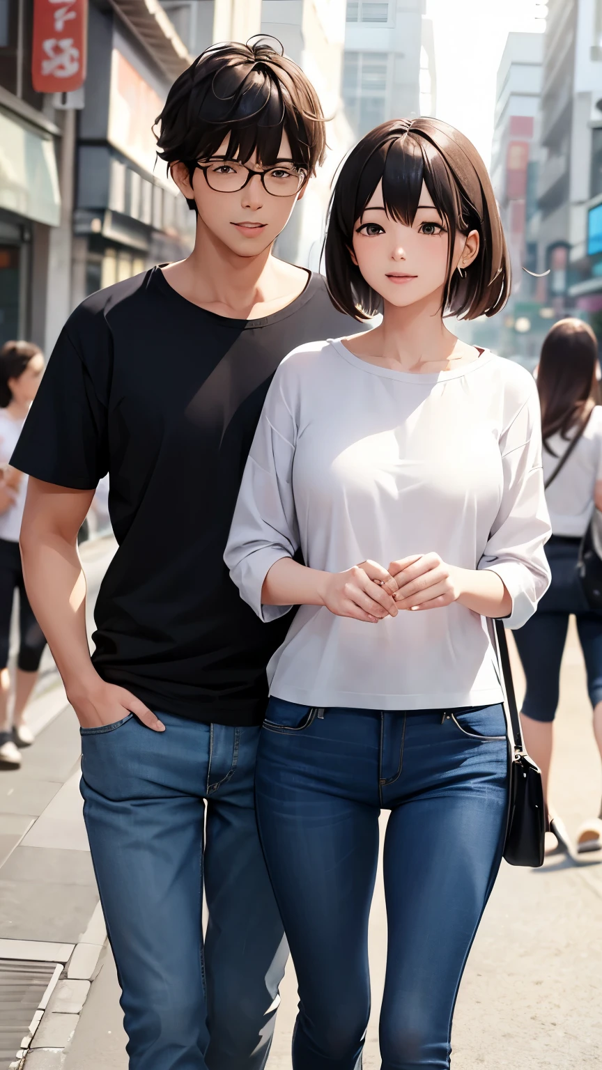 A refreshing young man and woman couple are looking at each other sideways, clean clothes, men wear shirts and jeans、Women wear neat and casual dresses, Beautiful Japanese city background