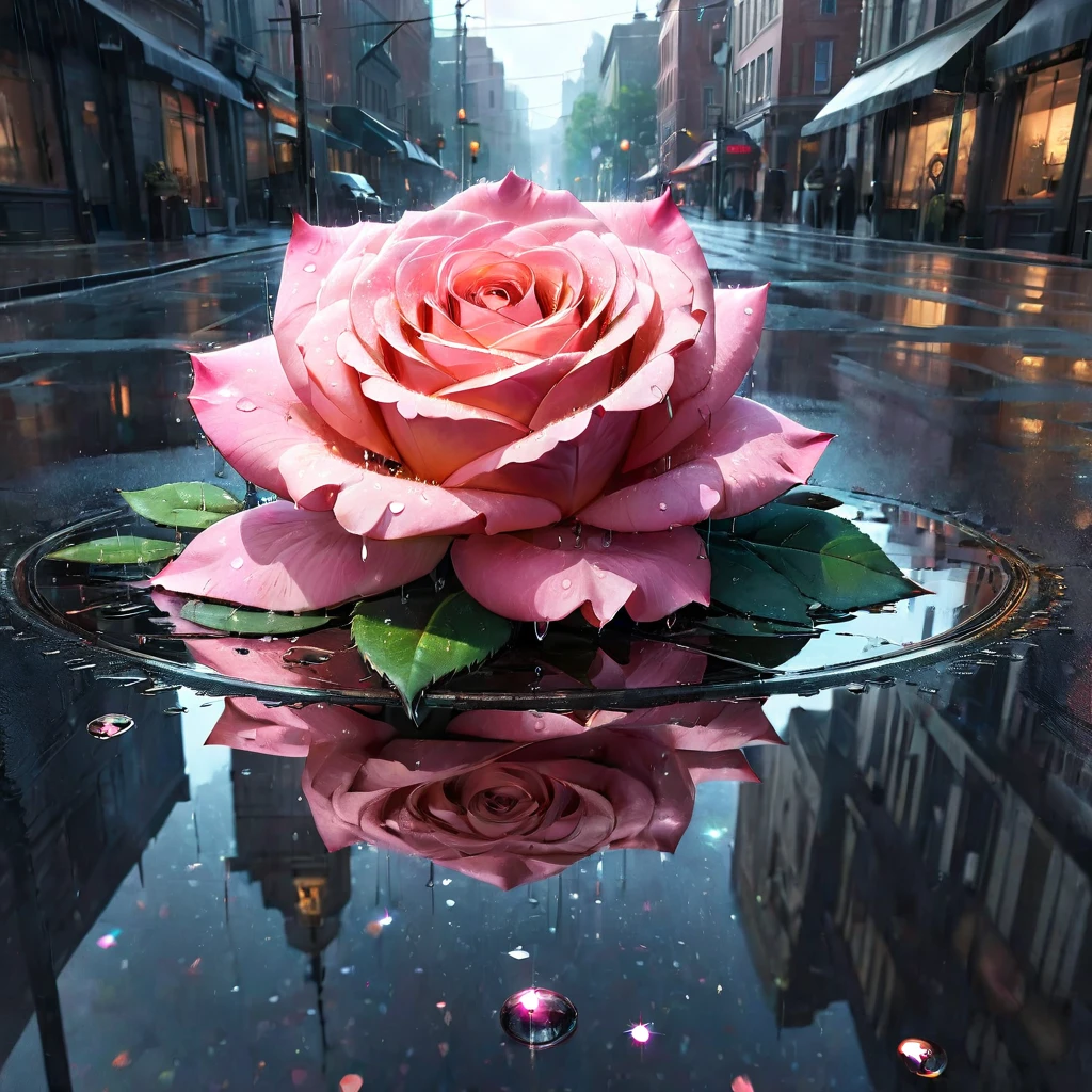 Reflection, aesthetic, extremely detailed, A rose reflecting in a puddle, rain sparkles, a breathtaking masterpiece fantasycore artwork by Android Jones, Rembrandt lighting, Jean Baptiste monge, Alberto Seveso, Erin Hanson, Jeremy Mann. maximalist highly detailed and intricate professional photography, a_masterpiece, 8k resolution concept art, Artstation, Unreal Engine 5, cgsociety octane