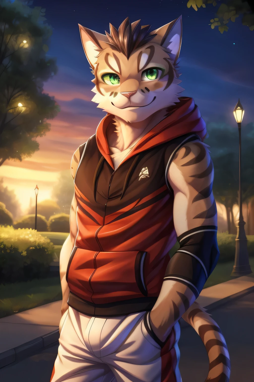 yan shu chi, green eyes, tail, (pose:1.3), (posing:1.3), (soft shading), 4k, hi res, five fingers, detailed hands, ((detailed face, (detailed eyes:1.0), detailed)) furry, anthro, cat, solo, looking at viewer, smile, 1boy, male focus, sleeveless, hood, hoodie, white shorts, sleeveless hoodie, elbow pads, green eyes, blush, walking in a park, dusk
