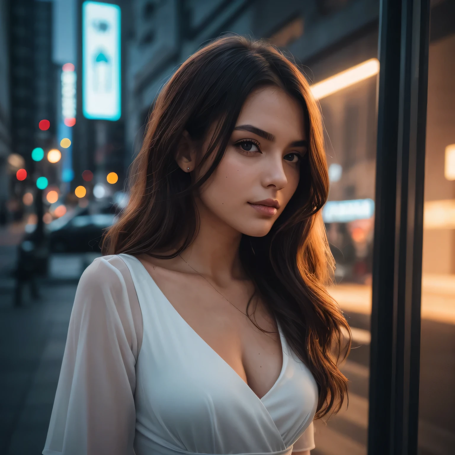 Photo portrait complet d&#39;une jeune européenne de 25 ans, BRUT, belle femme, semi-open strawberry lips, fossettes, melancholic look, (extra long wavy brown hair), ((detailed face)), ((detailed facial featureinely detailed skin), pale skin, (deep neckline detailed high-tech cyberpunk dress), Cyberpunk Megacity Environment, (couleurs fraîches), humide, humide, reflectionleader&#39;artwork) (proportion parfaite)(photo realistic)(best quality)  (detailed) photo prise avec un Canon EOS R5, objectif 50 mm, F/2.8, hdr, (8K) (fond d&#39;screen) (cinema lighting) (dramatic lighting) (sharpness) (Complexe),BRUT photo, photo de gigahad, posing for the camera, 8K uhd, DSLR, high quality, Grain film, Fujifilm XT3