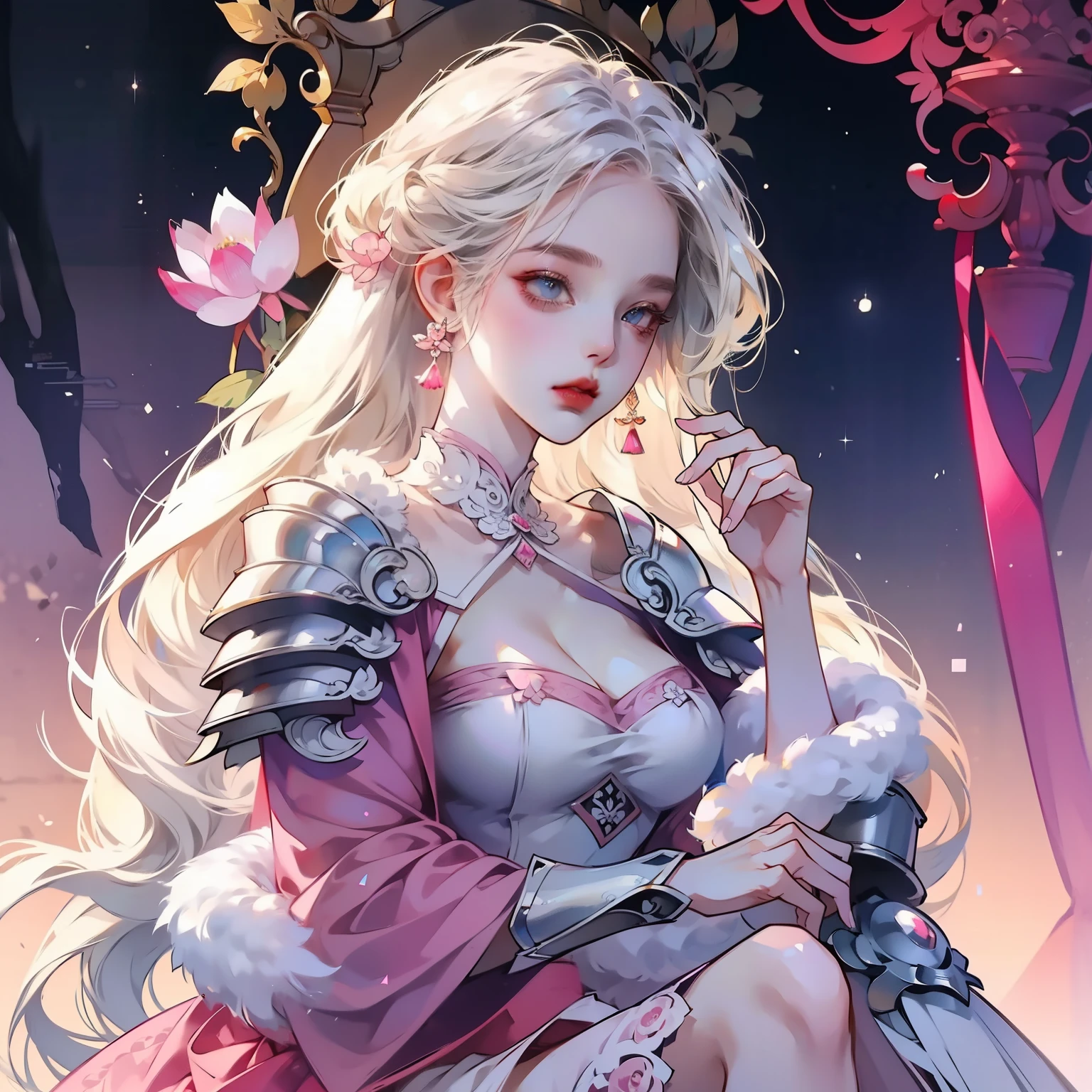 a sexy woman in a white gold and pink lotus lace armor skirt, chengwei pan on artstation, by Yang J, detailed fantasy art, stunning character art, fanart best artstation, epic exquisite character art, beautiful armor, extremely detailed artgerm, detailed digital anime art, artgerm on artstation pixiv, armor girl, cleavage big breasts:1.2, (mini skirt:1,5)