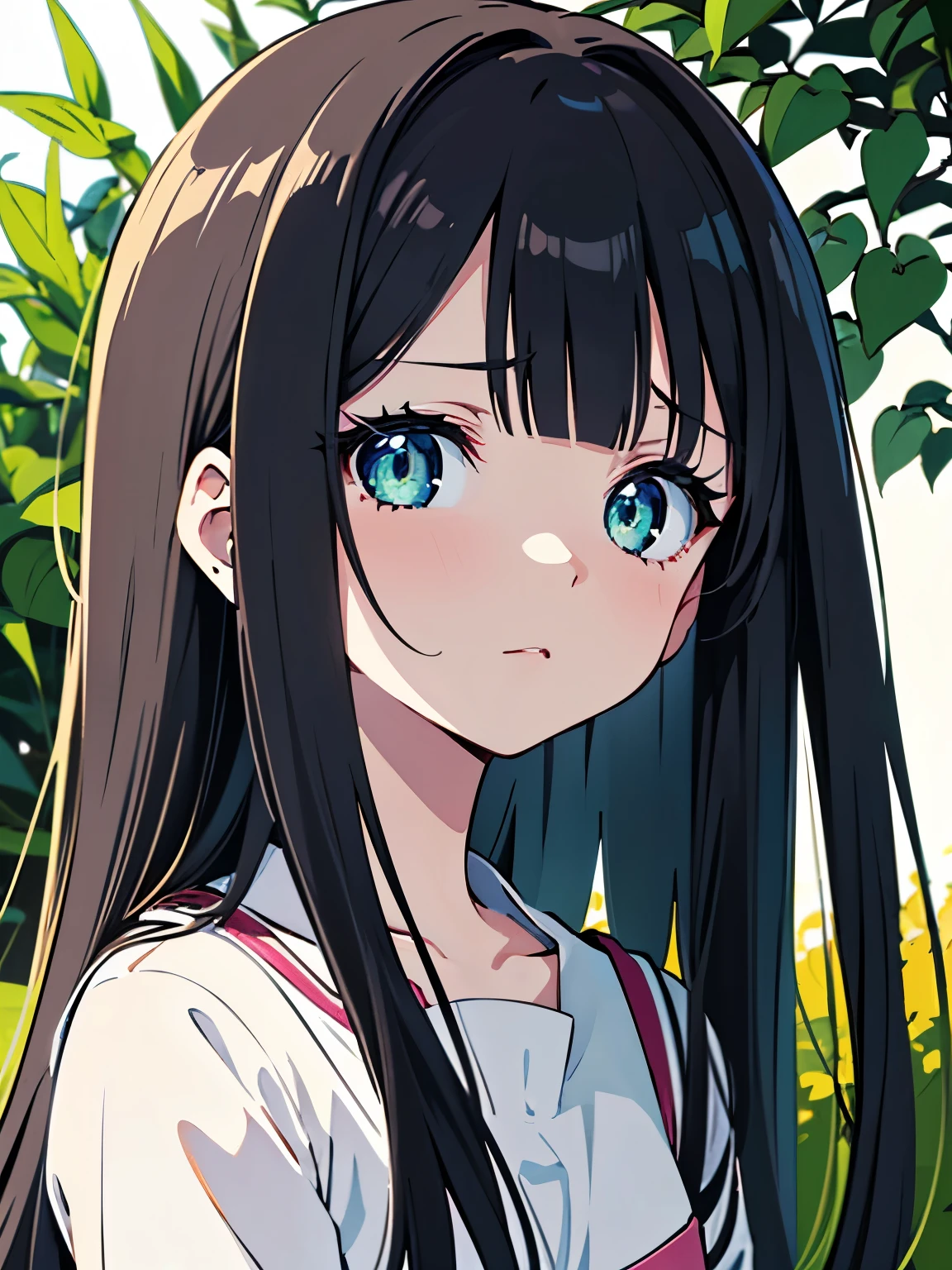 onry one girl, , best quality, ultra-detailed, , long hair, black hair, shiny hair, deep green-eyed girl anime, sleepy eyes, (bad mood,) faint lips, ((Seems timid,)) flat anime-style shading, vector-shaded anime, cute natural anime face, subtle anime style, cute anime face, Botanical garden on the background.