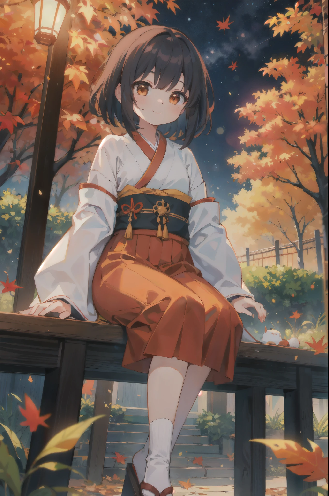 ((masterpiece:1.4, best quality)), ((masterpiece, best quality)),girl sitting in a Japanese-style garden, featuring white,red and orange lights,,smile,,falling autumn leaves,night, ruby hoshino anime character 