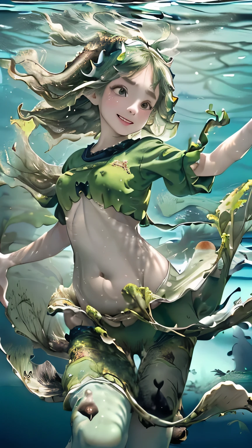 (((masterpiece))),((highest quality)),one beautiful girl,pale, (seaweed anthropomorphic character: 1.5), (seaweed hair:1.5)、(smile 1.5)、(belly button)、((seaweed clothes:1.5)),(private server), (exposure of skin),(The background is underwater:1.5).(((from the front:1.5)))、(straight front: 1.5)、(floating on the ocean floor:1.5)、(dance:1.5)