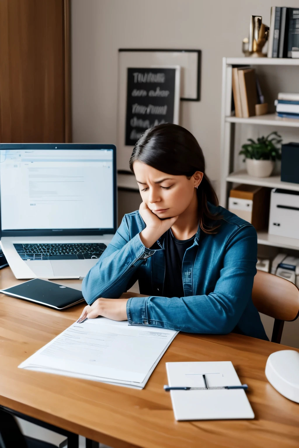 a person sits hunched over a cluttered desk in front of a laptop , frustrated, with a to-do list overflowing with tasks.
