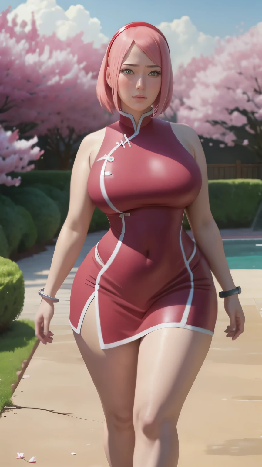 Chubby , thick, Curve, Realistic, Photorealistic,cowboy shot,masterpiece, absurdres, (colorful), 1girl, haruno sakura, forehead mark, red hairband, detailed chinesse mini dress, navel, groin, bracelet, looking at viewer, cherry blossoms, private garden, wind, floating hair, large breast, (((wide hips))), toned body, detailed eyes, dynamic pose, full body