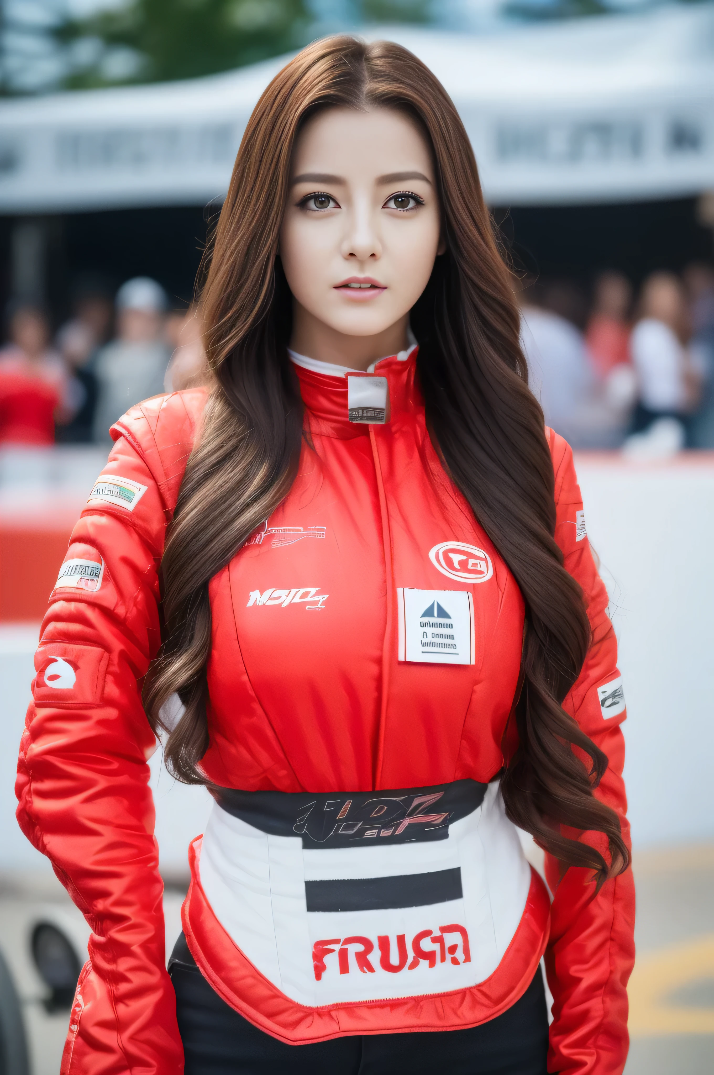- [ ] realistic:1.37, masterpiece, highest quality, Raw photo, confused, UHD, 1 girl, wavy hair, brown hair, Charm , looking at the viewer, ,intricate details, detailed background, fine skin, pore, High resolution, HDR , , 美しいmodel, Soft light falls on your face,jp_model,Medium chest, 30 year old female、((lace queen、red costume、Sponsor logo at chest、grid girl, stand in a motorsport race、put your left hand on your waist、blur the background:1.4))