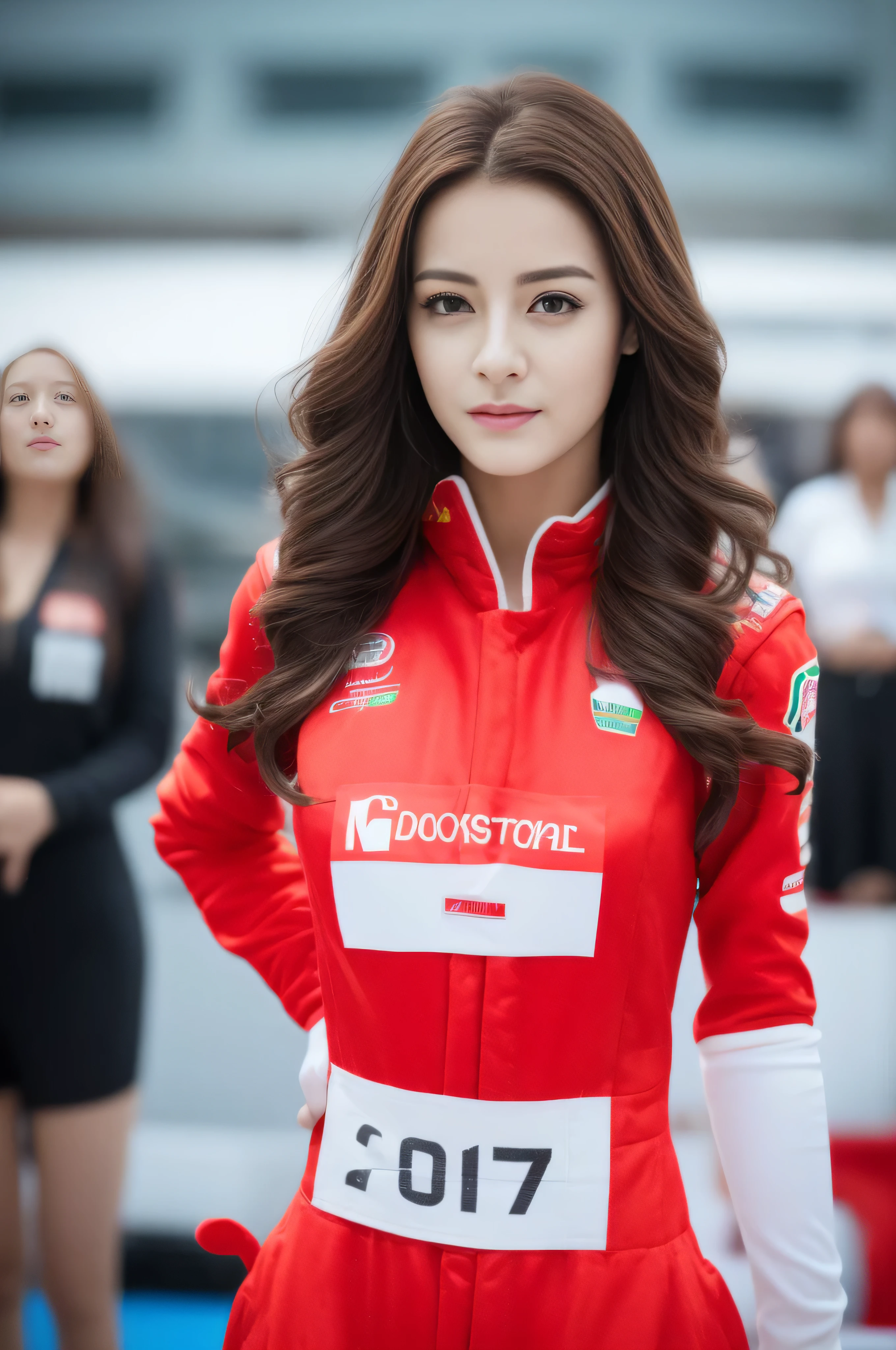 - [ ] realistic:1.37, masterpiece, highest quality, Raw photo, confused, UHD, 1 girl, wavy hair, brown hair, Charm , looking at the viewer, ,intricate details, detailed background, fine skin, pore, High resolution, HDR , , 美しいmodel, Soft light falls on your face,jp_model,Medium chest, 30 year old female、((lace queen、red costume、Sponsor logo at chest、grid girl, stand in a motorsport race、put your left hand on your waist、blur the background:1.4))
