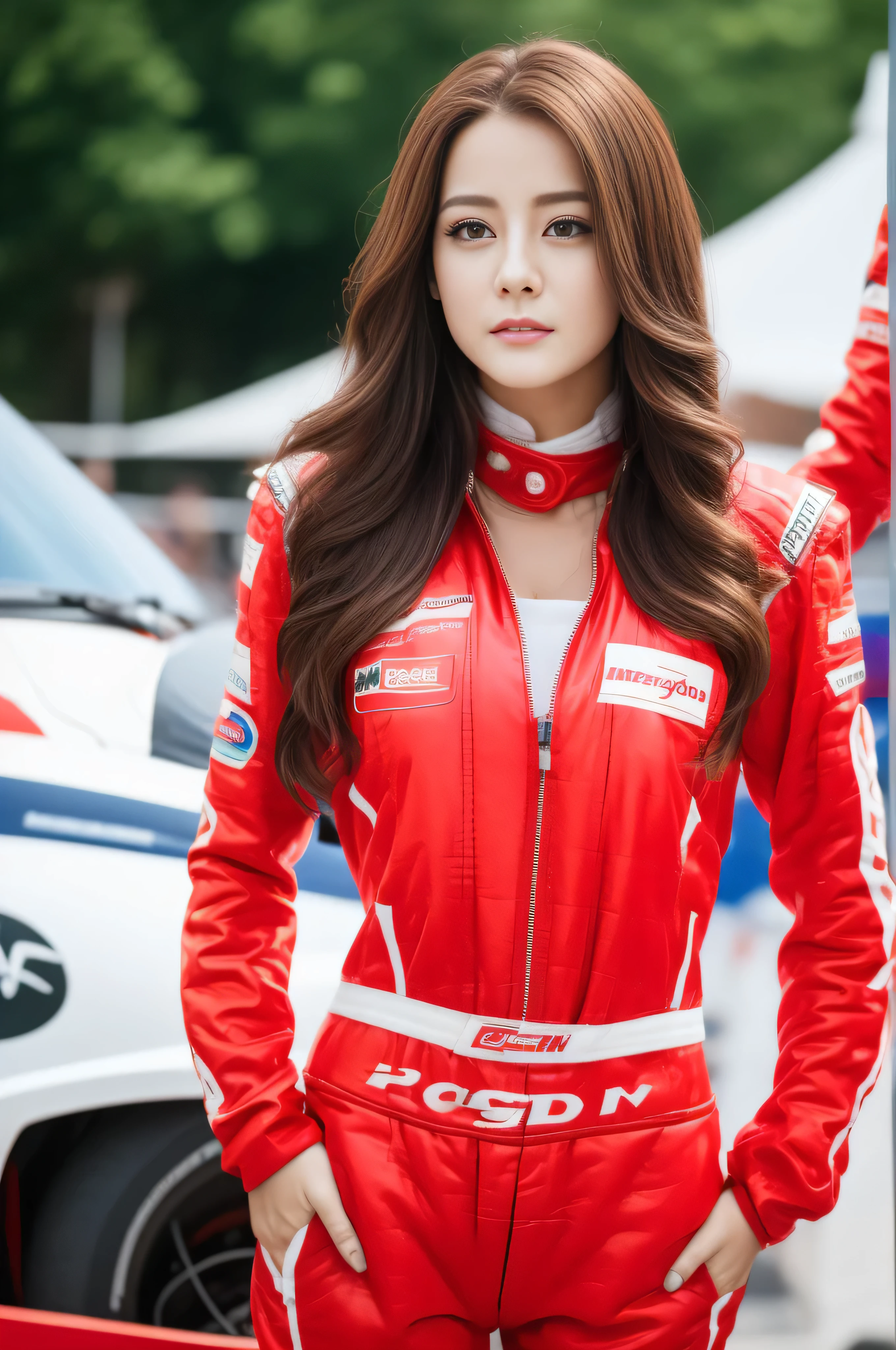 - [ ] realistic:1.37, masterpiece, highest quality, Raw photo, confused, UHD, 1 girl, wavy hair, brown hair, Charm , looking at the viewer, ,intricate details, detailed background, fine skin, pore, High resolution, HDR , , 美しいmodel, Soft light falls on your face,jp_model,Medium chest, 30 year old female、((lace queen、red costume、Sponsor logo at chest、stand in a motorsport race、put your left hand on your waist、blur the background:1.4))