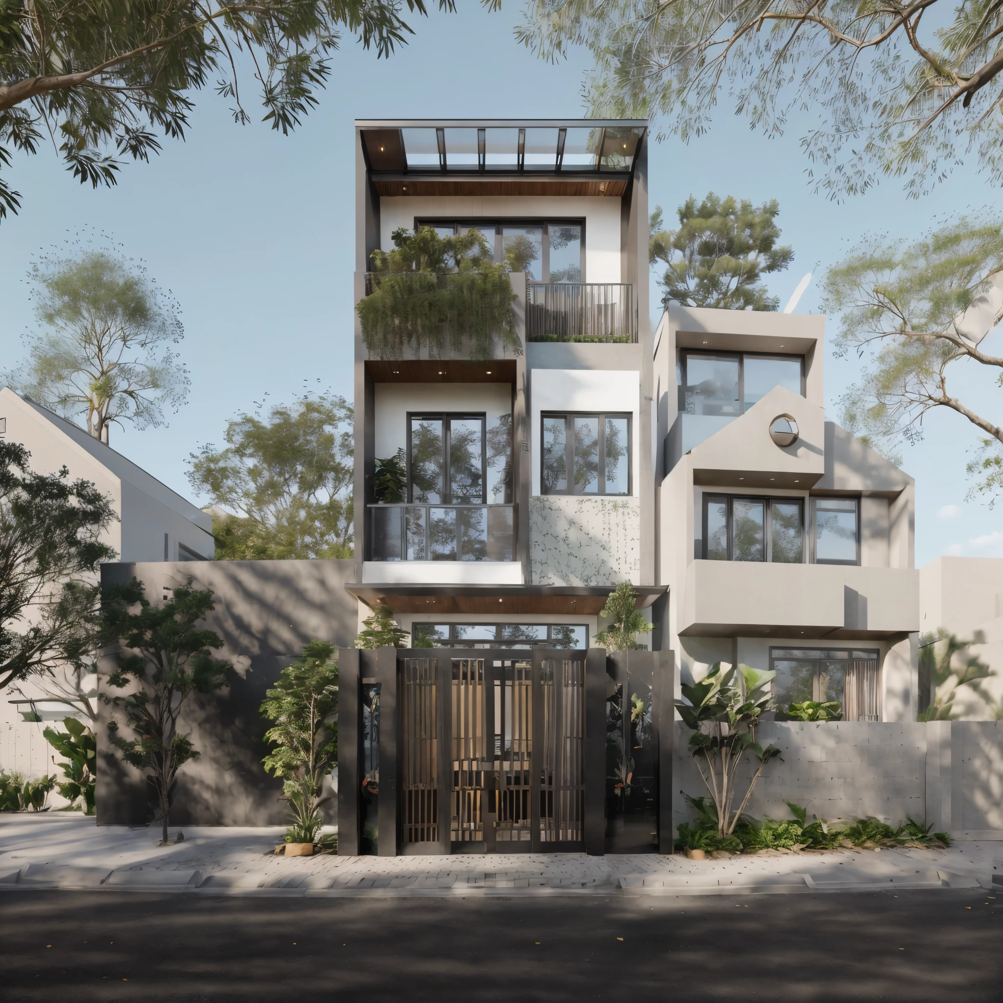 Townhouse in city, (sharp focus) front view of townhouse in style of modern, Vietnamese architecture, east asian architecture, town, blue sky, daylight, warm light, warm atmosphere, high Resolution, 8k, hdr, vray render, hyper realistic, ultra detail, hyper detailed, exterior design  professional photography, exterior photography, wide-angle shot, real world location, road sign, cityscape, pavement, (brown wooden ceilings, ceiling light, glass bancony, the front wall of the ground floor is made by black granite), (bancony have many trees, plans, ivy, palm)