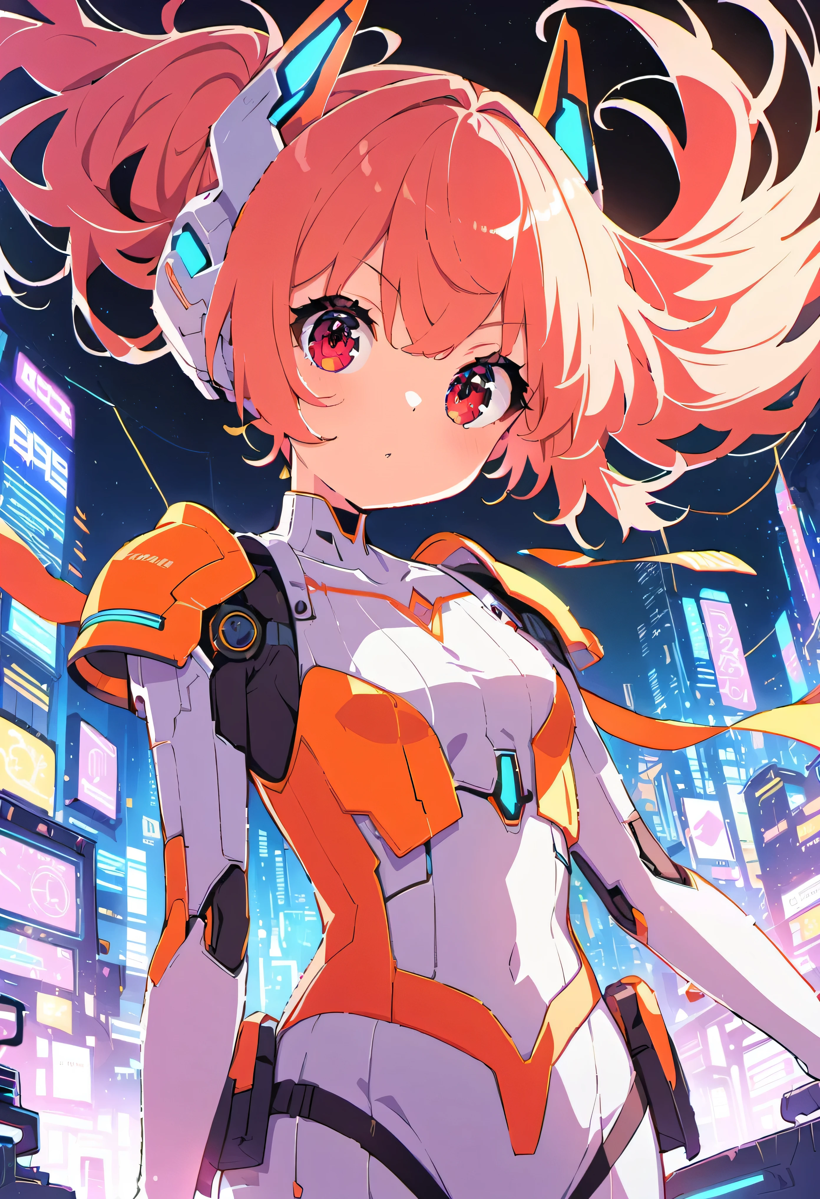 (software), intricate details, 1 girl, night, (bright neon colors), ((Fly over a futuristic cyberpunk city)), detailed background, (petite cyborg girl, ((cute perfect face, bright red eyes)), (perfect anatomy, perky chest), (Super long hair with orange and white gradation, hair blowing in the wind)), impossible detailed ribbed bodysuit, shoulder armor, cybernetic limbs, dynamic angle,