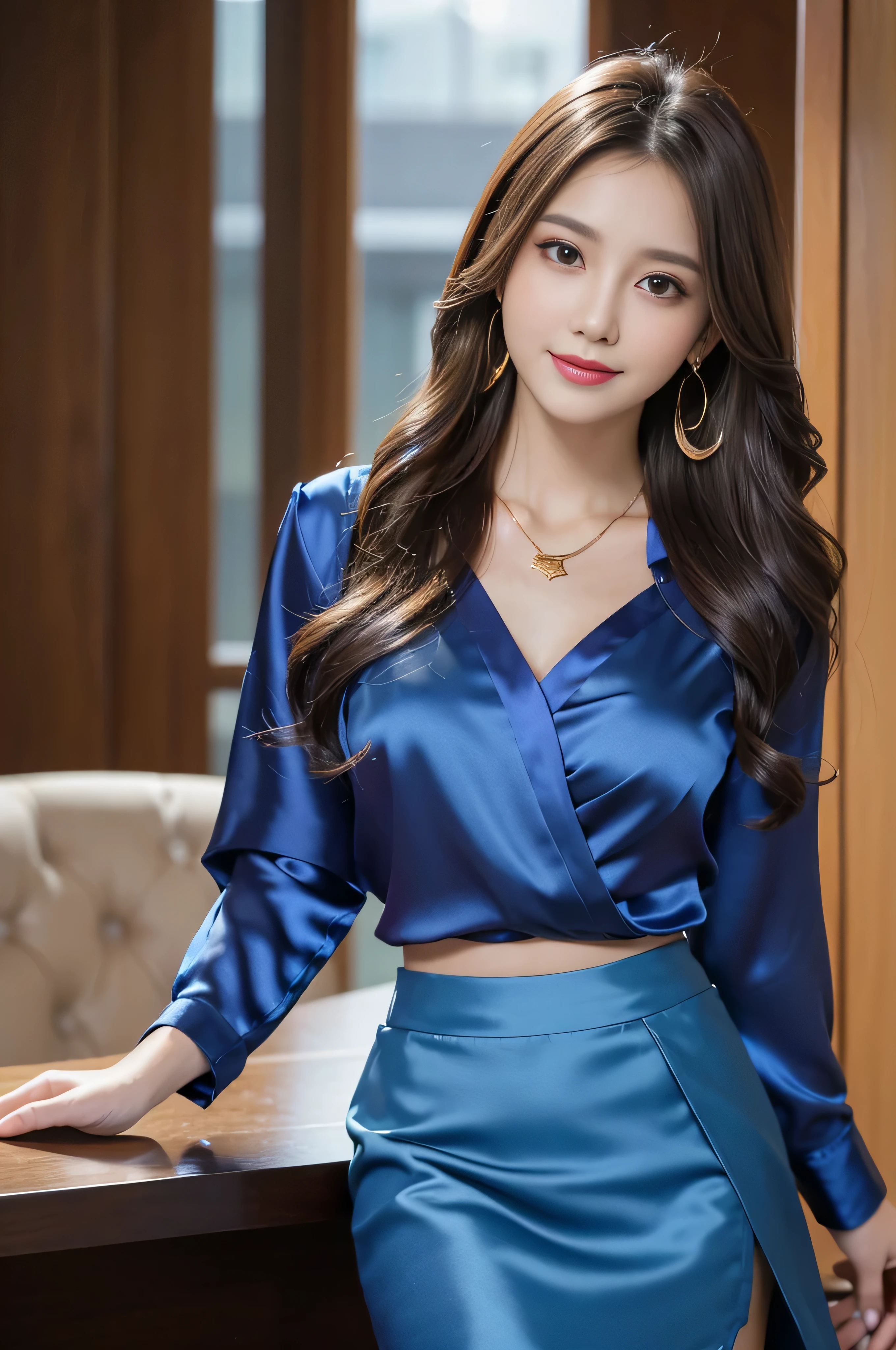 table top, highest quality, realistic, Super detailed, finely, High resolution, 8k wallpaper, 1 beautiful woman,, sharp focus, perfect dynamic composition, beautiful and detailed eyes, thin hair, Detailed realistic skin texture, smile, close-up portrait, model body shape、president&#39;secretary of、mini skirt、high heels、whole body、suit,((Super long brown hair:1.2))((Hair with loose waves on the inside:1.2)),((gold necklace＿big earrings:1.2)),((shy smile:1.3)),((blouse and skirt, wearing a blue silk blouse, Please wear a blue shirt and blue skirt,skirt inside shirt:1.3)), 、whole bodyショット、((立っているwhole body図スーパーモデル, whole bodyがフレーム内に収まる))、night view terrace background