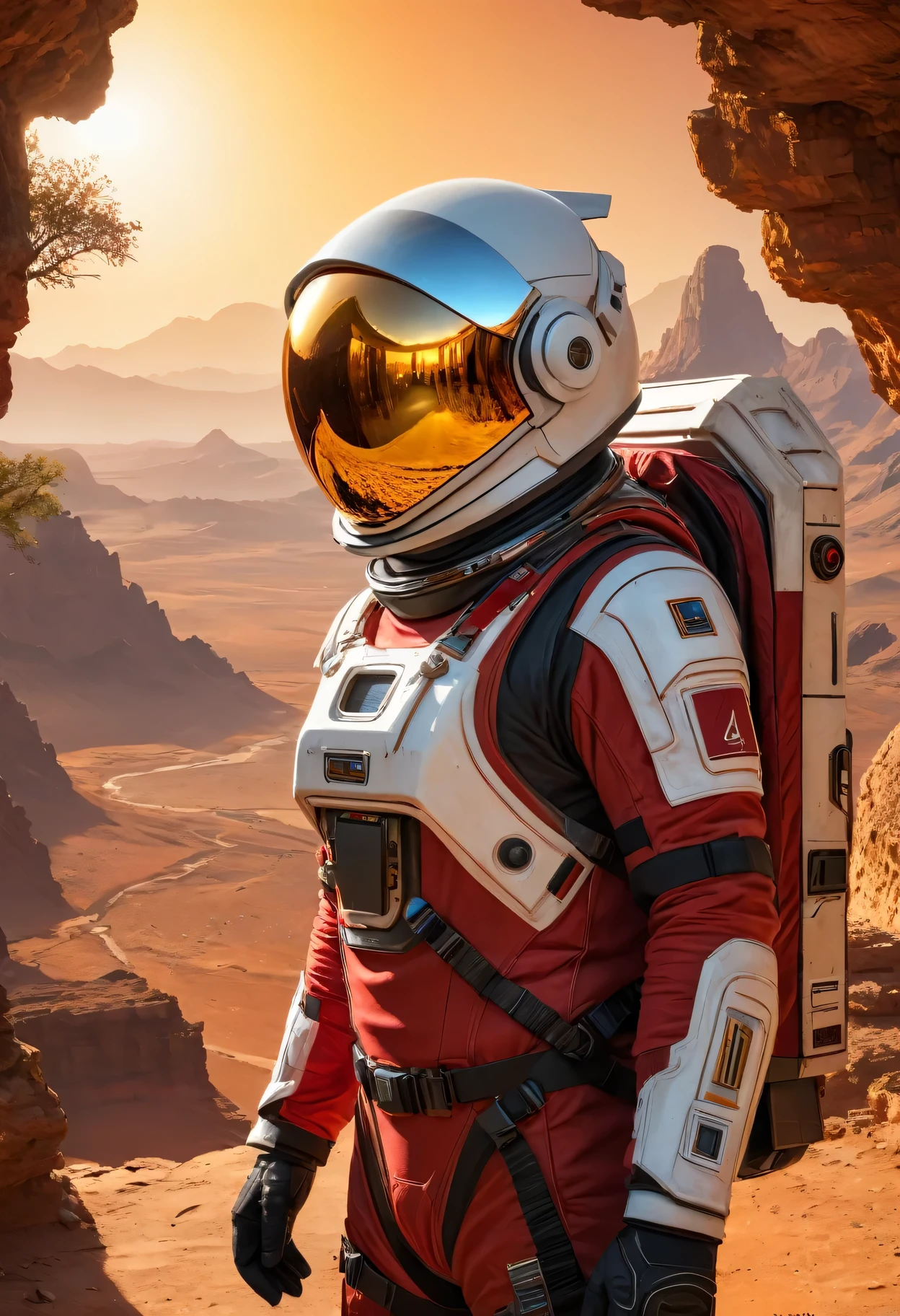 (best quality,4K,high resolution,masterpiece:1.2),Super detailed,actual,photoactual:1.37,portrait,science fiction,Helmet reflexes,ancient ruins,Explorer,Golden sunrise,red planet,space suit,dense vegetation,distant mountains,crimson sky,curiosity,,unknown history,dust particles,extraordinary journey,metal surface,quaint buildings,expedition,goggles,sparkling sun visor,vast landscape,archeology,relics of the past,mystery,adventure,conspiracy,majestic view,unexplored territory,The spirit of exploration,Uncovering Secrets,wonders of the universe