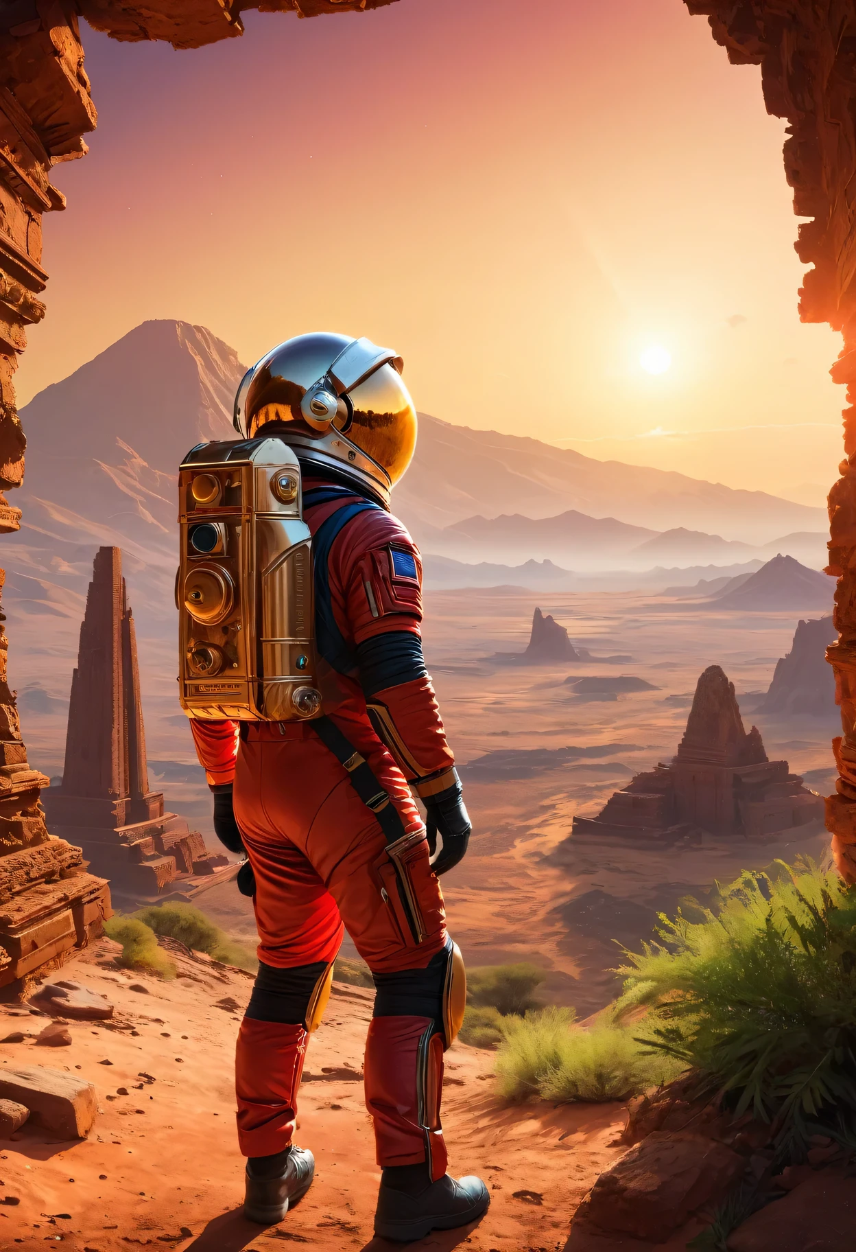 (best quality,4K,high resolution,masterpiece:1.2),Super detailed,actual,photoactual:1.37,portrait,science fiction,Helmet reflexes,ancient ruins,Explorer,Golden sunrise,red planet,space suit,dense vegetation,distant mountains,crimson sky,curiosity,,unknown history,dust particles,extraordinary journey,metal surface,quaint buildings,expedition,goggles,sparkling sun visor,vast landscape,archeology,relics of the past,mystery,adventure,conspiracy,majestic view,unexplored territory,The spirit of exploration,Uncovering Secrets,wonders of the universe