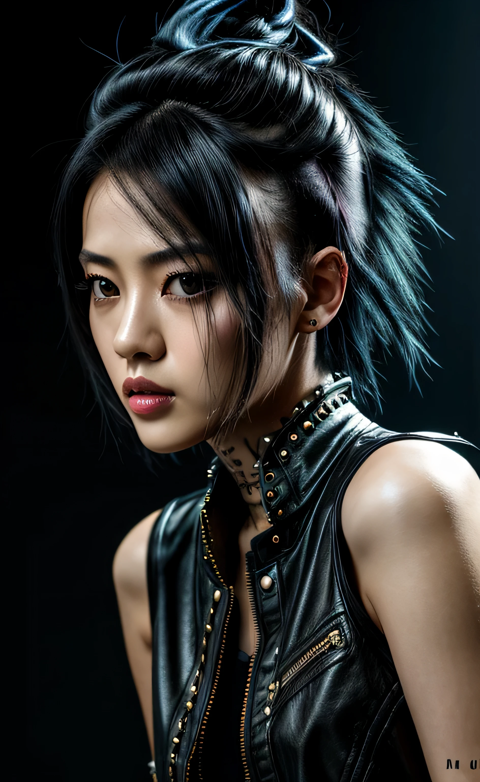 (Ultra Real), (illustration), (High resolution), (8K), (Very detailed), (Best Illustration), (Beautiful Detail Eyes), (Best Quality), (Ultra Detailed), (Masterpiece), (Wallpaper), (Detailed Face), ( Mid length Black Hair), (black Background), 1 Girl, very young 27 years young chinese girl Zhang Ziyi, black hair, (Punk Outfit:1.5), Saturated Light, Movie, half Body Photo, Elevation Shoot, (Torn Clothes: 0.5), (Wet clothes: 0.5)