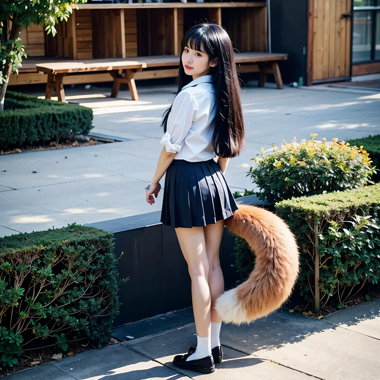 Girl with a furry しっぽ , fox tail, Bushy Tail, collared shirt,table top, 最high quality, figure, ultra-de tail ed, finede tail, High resolution, 8k wallpaper, 完璧なダイナミックな構figure, Beautiful deしっぽed eyes,Full body shot,Show me your whole body、thin and transparent、long gray hair, ,smile,Harajuku、18 year old girl、eyeliner、beautiful bangs、hair between eyes、最high quality、ultra-de tail liert、film light、intricate-deしっぽ、High resolution、ighly deしっぽed))、detailed background、8KUHD、Digital single-lens reflex camera、soft light、high quality、film grain、Fujifilm XT3 、shallow depth of field、natural soft light、Kamimei、I looked at my knees., sexy shot looking at camera、on the leg、Full body shot facing the camera、look back、(The fox tail that grows out pushes up the hem of the skirt and stands tall.:1.9)、(The tail growing from her butt is sticking out from the hem of her skirt.:1.9)