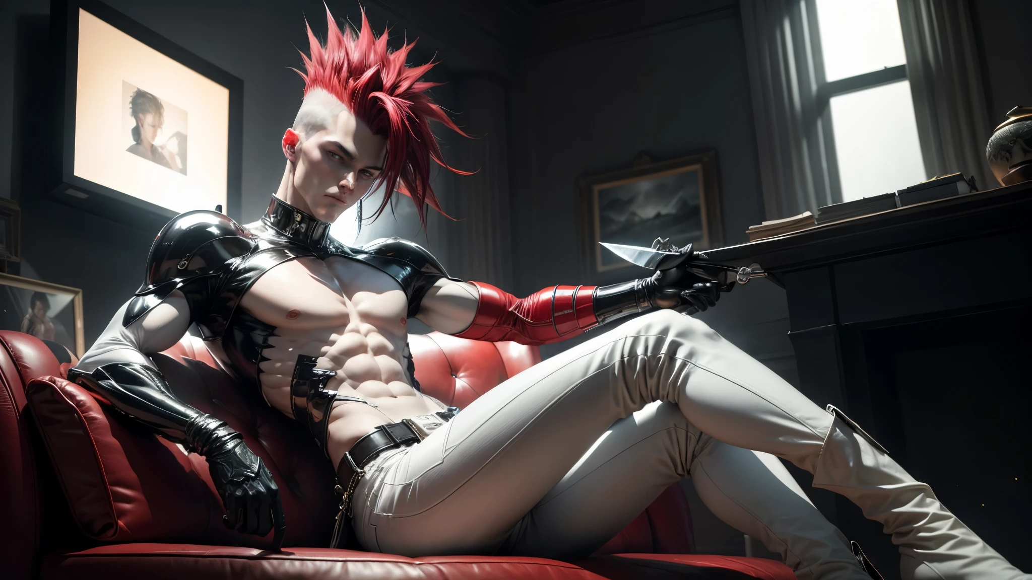 good quality, ultra high resolution,masterpiece, 8K,(reality,detail)dark night sky,A naked man,red mohawk hairstyle,white jeans,Silver boots,Knife in both hands,tall and thin man,Sitting on the sofa,whole body effect,((from head to foot))